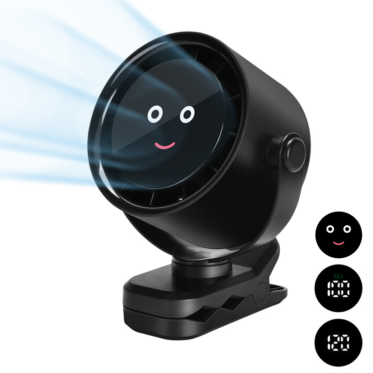 Ein schwarzes, fächerartiges Gerät mit Smiley-Gesicht-Anzeige. Es hat einen Clip und zeigt Akku und Geschwindigkeit.
