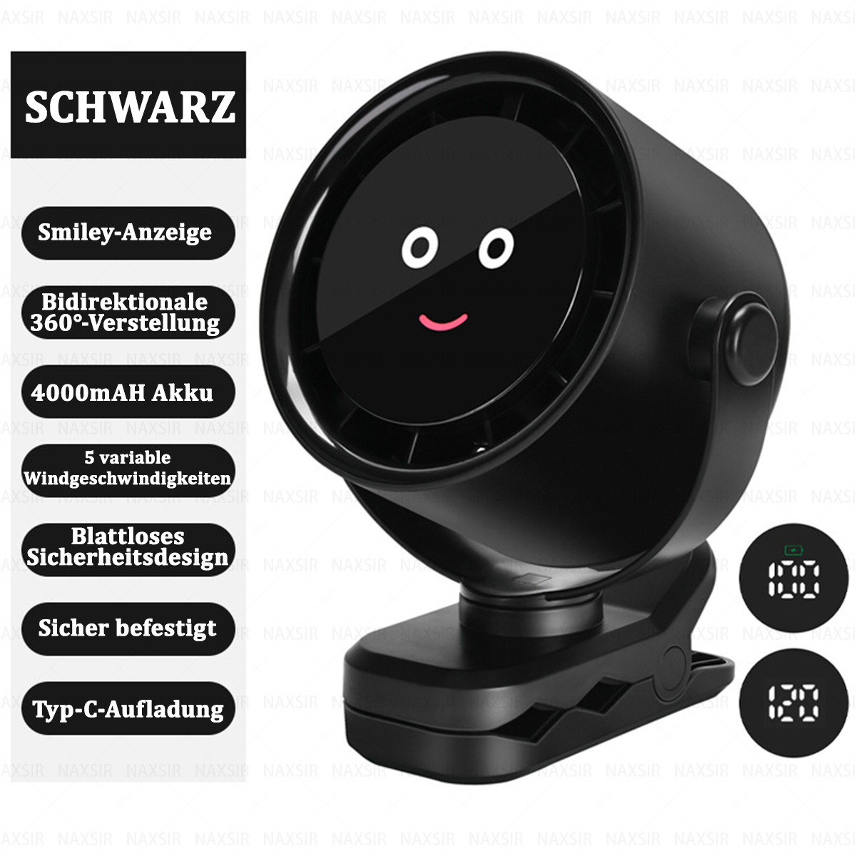 Schwarzes Gerät mit rundem Bildschirm, der ein Smiley-Gesicht zeigt. Das Gerät hat einen Clip und Tasten.