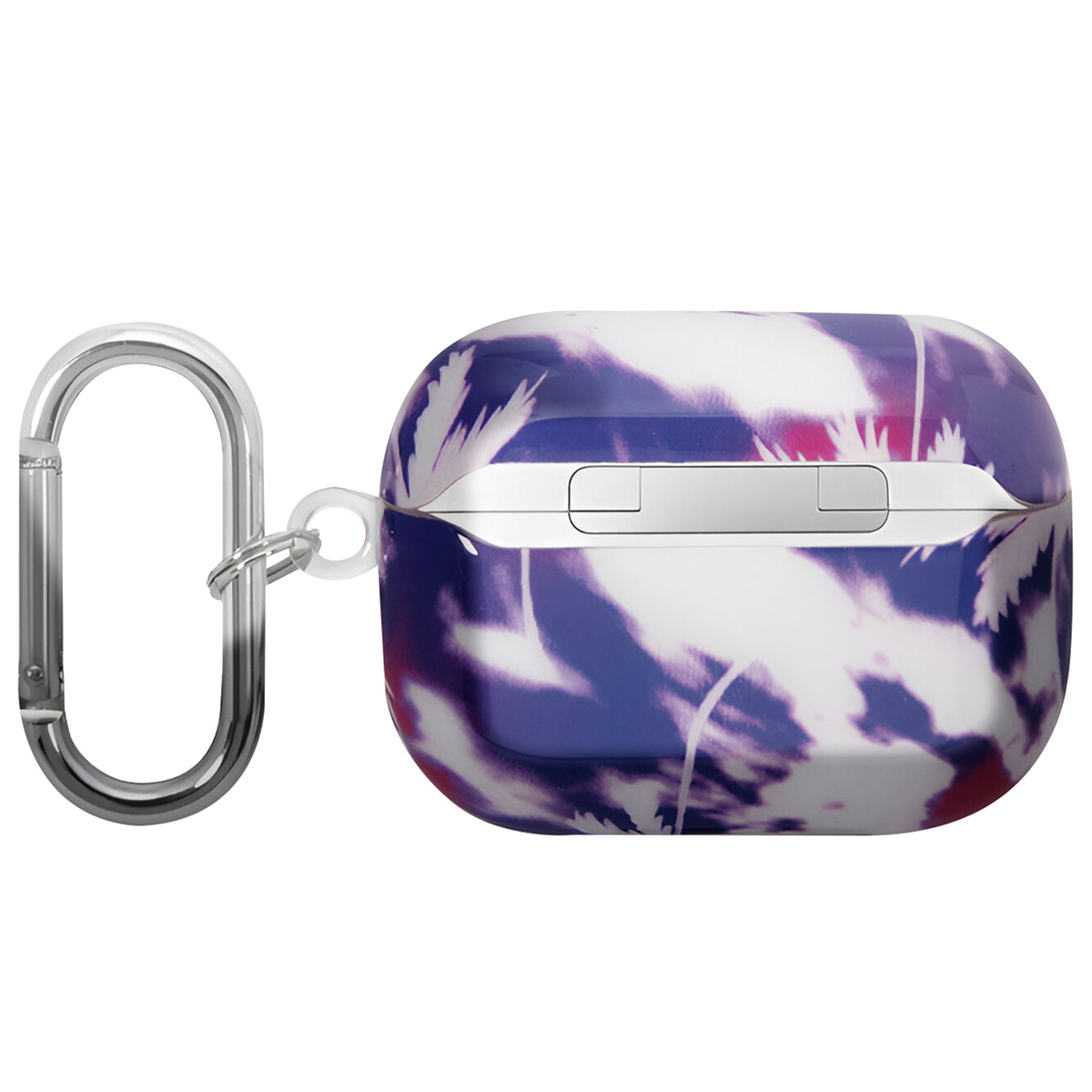 Funda de auriculares con diseño tropical. Cierre plateado en el lateral. Fondo blanco.