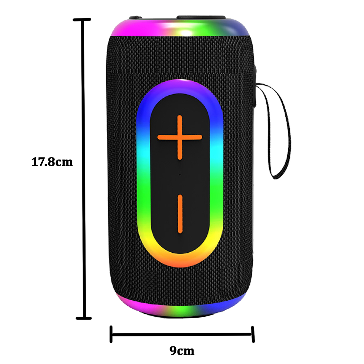 Schwarzer Lautsprecher mit Regenbogenlichtern und Bedienfeld. Er ist 17,8 cm hoch und 9 cm breit.