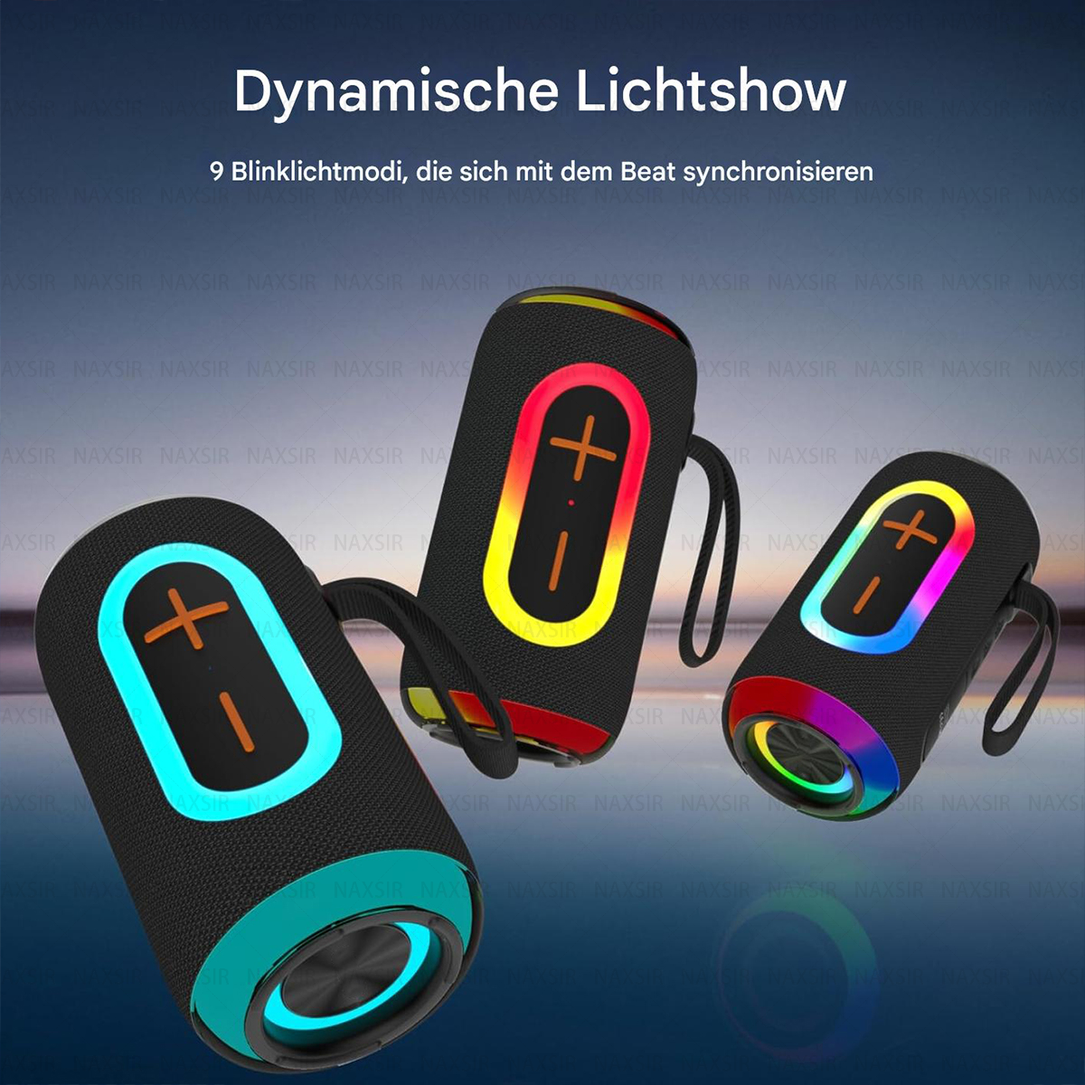 Drei Lautsprecher mit Lichtern. Text oben. Schwarze Lautsprecher mit farbigem Licht.