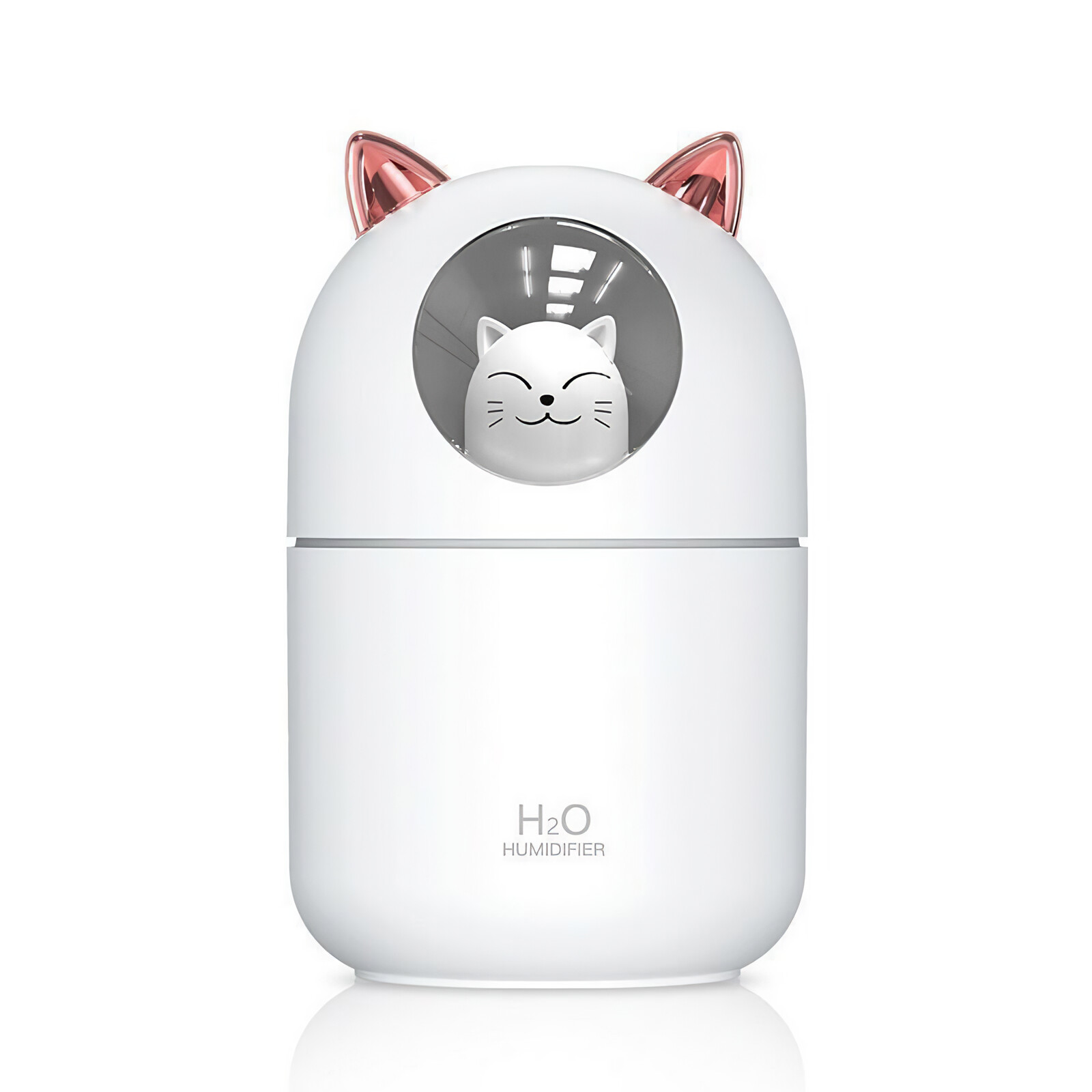 Weißer Luftbefeuchter mit Katzendesign. Rosa Katzenohren oben. Weißer Hintergrund.