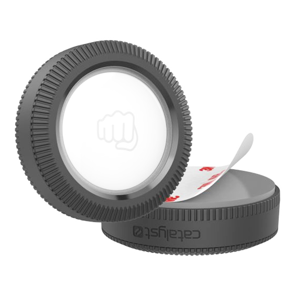 Un dispositivo intelligente nero e grigio con retro adesivo bianco e adesivo rimovibile.