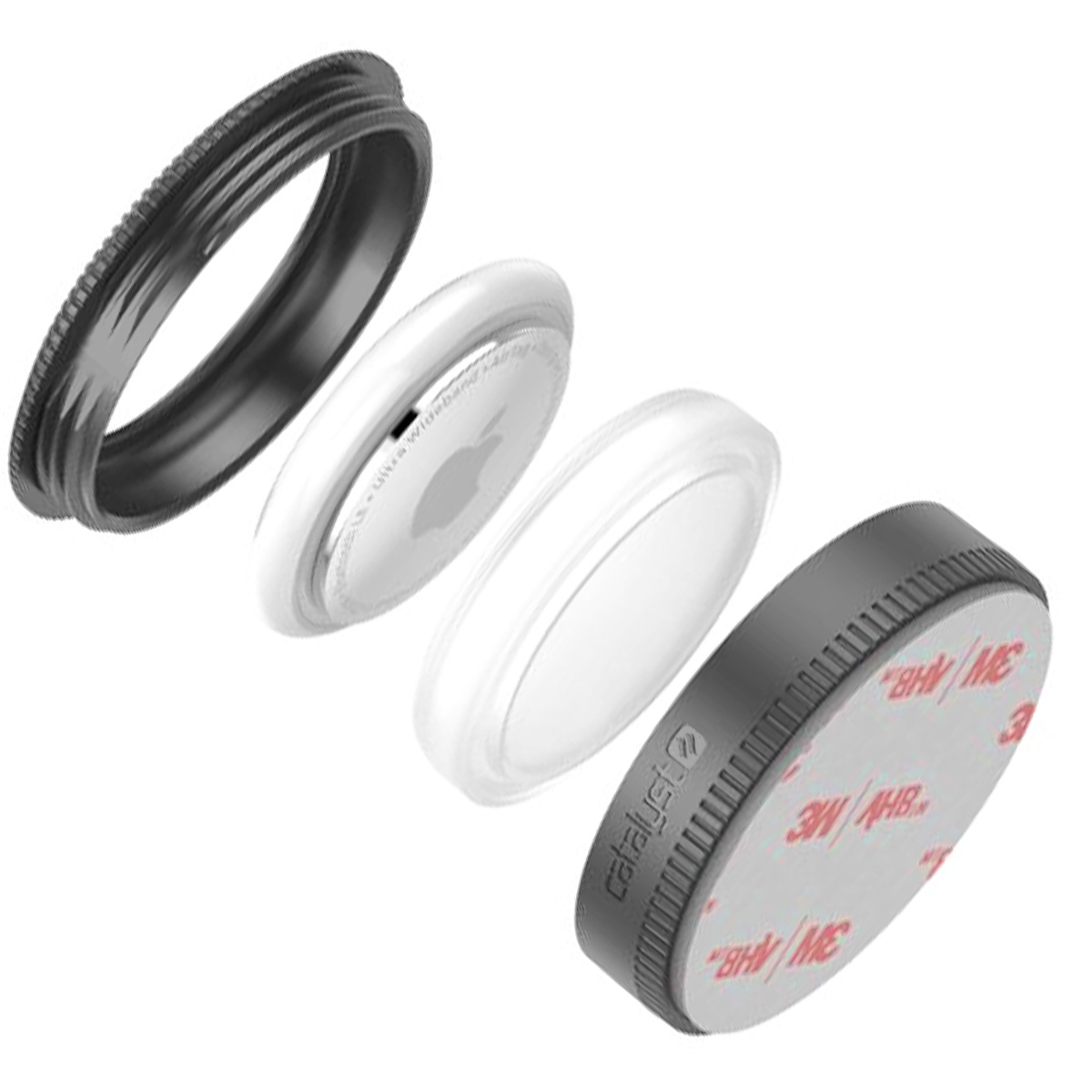 Vista esplosa di un accessorio Apple AirTag. Include anello nero, tag bianco, copertura trasparente e base adesiva.