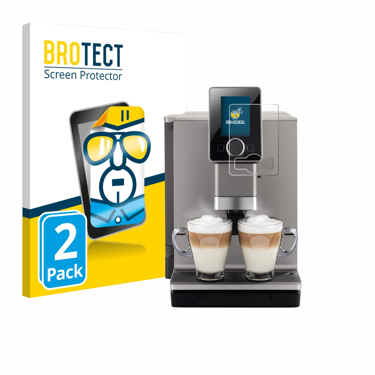 Eine Kaffeemaschine mit zwei Tassen und Displayschutzfolie, eine Box zeigt ein Kaffeemaschinenbild und eine Displayschutzfolie. Die Box sagt BROTECT Screen Protector.