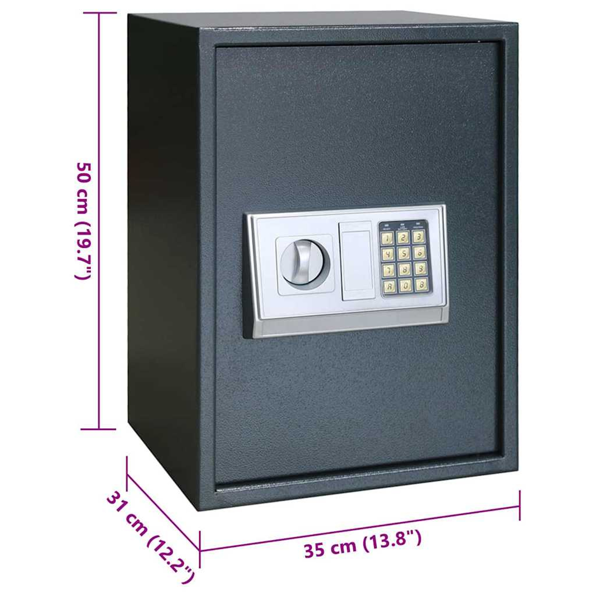 Una cassaforte grigia con dimensioni. Le dimensioni sono indicate in centimetri e pollici.