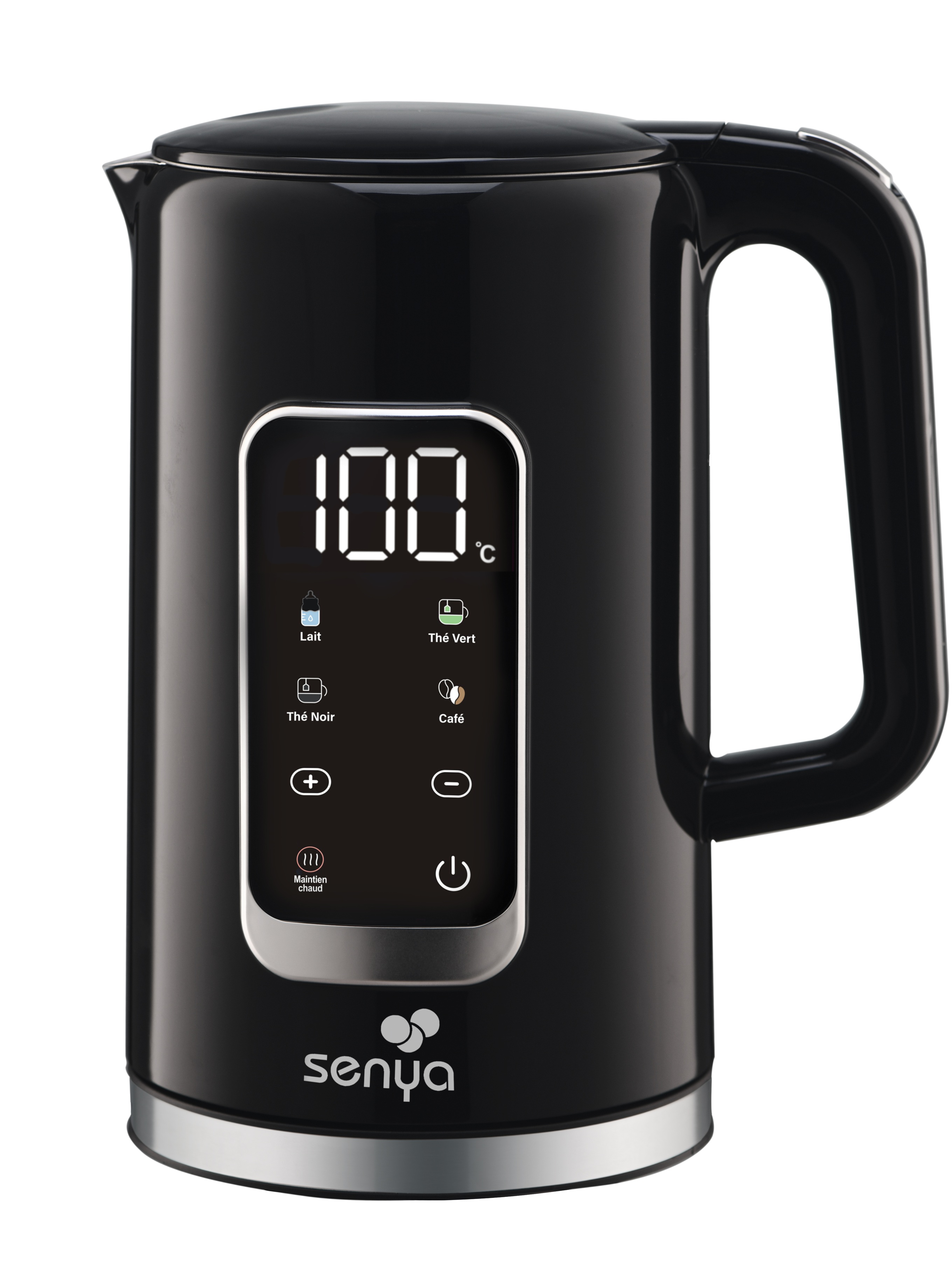 Ein schwarzer Wasserkocher mit digitaler Temperaturanzeige.