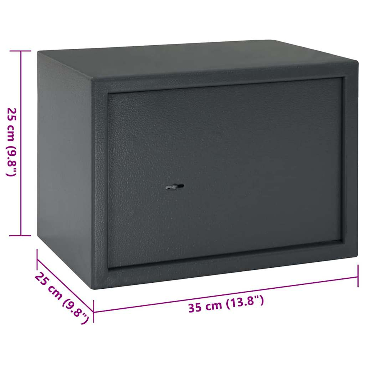 Primo piano di una cassaforte grigia con dimensioni indicate.