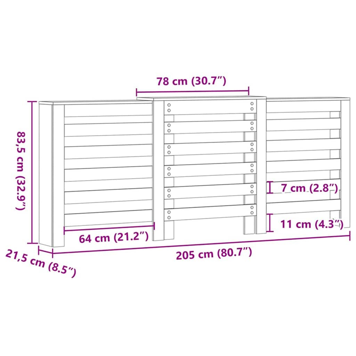 Ein Diagramm mit Abmessungen: 83,5 cm Höhe, 205 cm Breite und 21,5 cm Tiefe, mit weiteren Details.