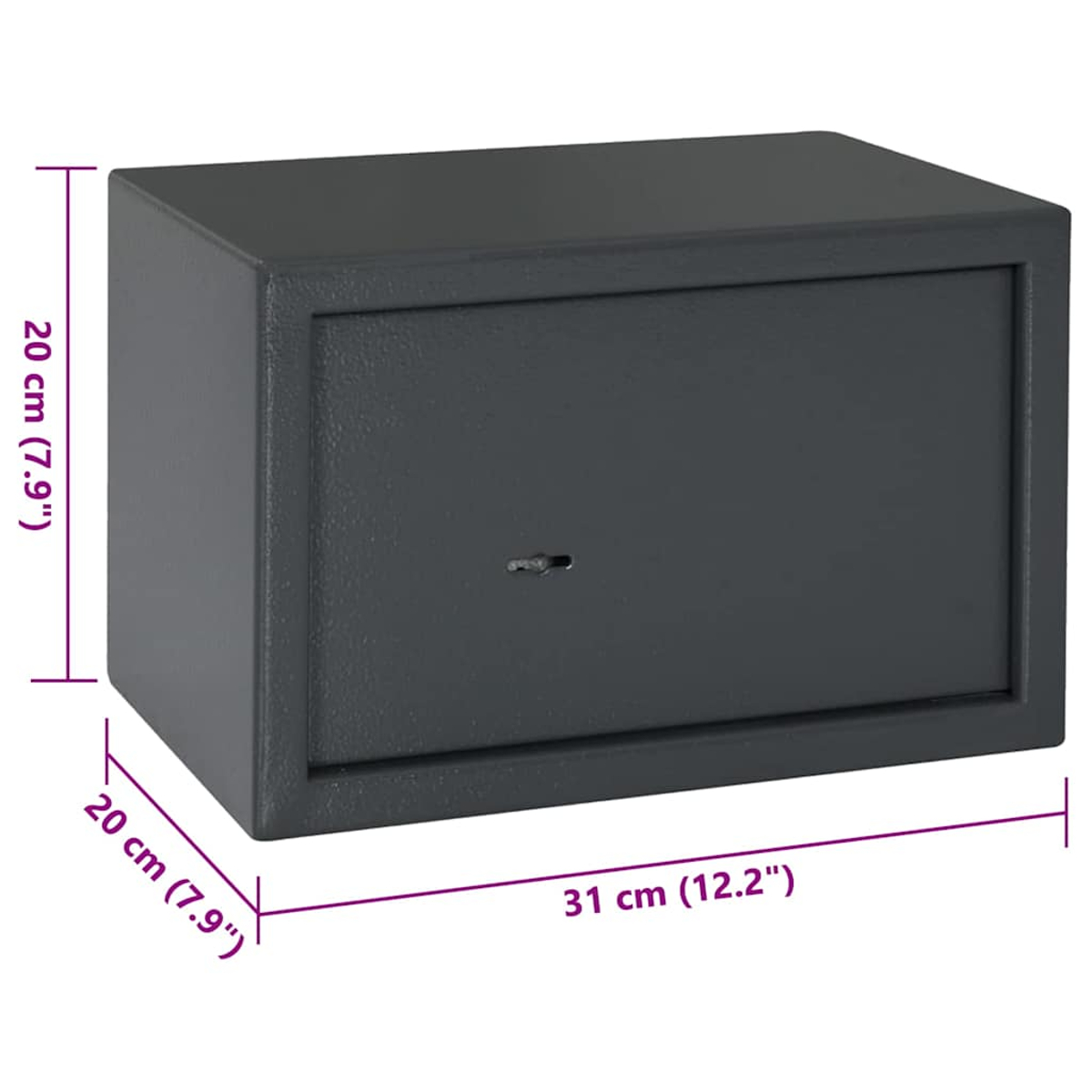 Una cassaforte grigio scuro. Dimensioni: 20 cm x 20 cm x 31 cm.