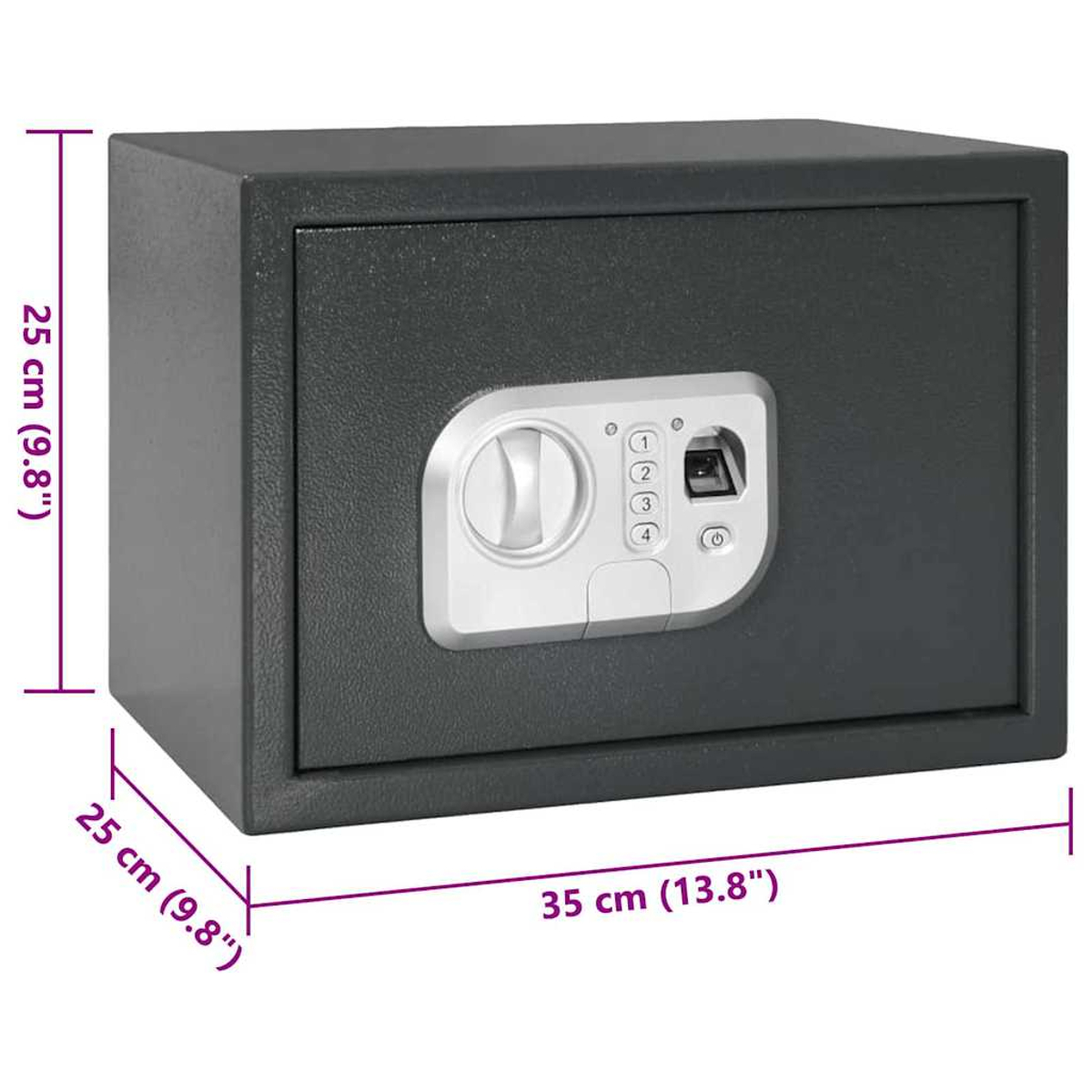 Una cassaforte grigio scuro con tastierino digitale e scanner di impronte digitali, con dimensioni in cm.