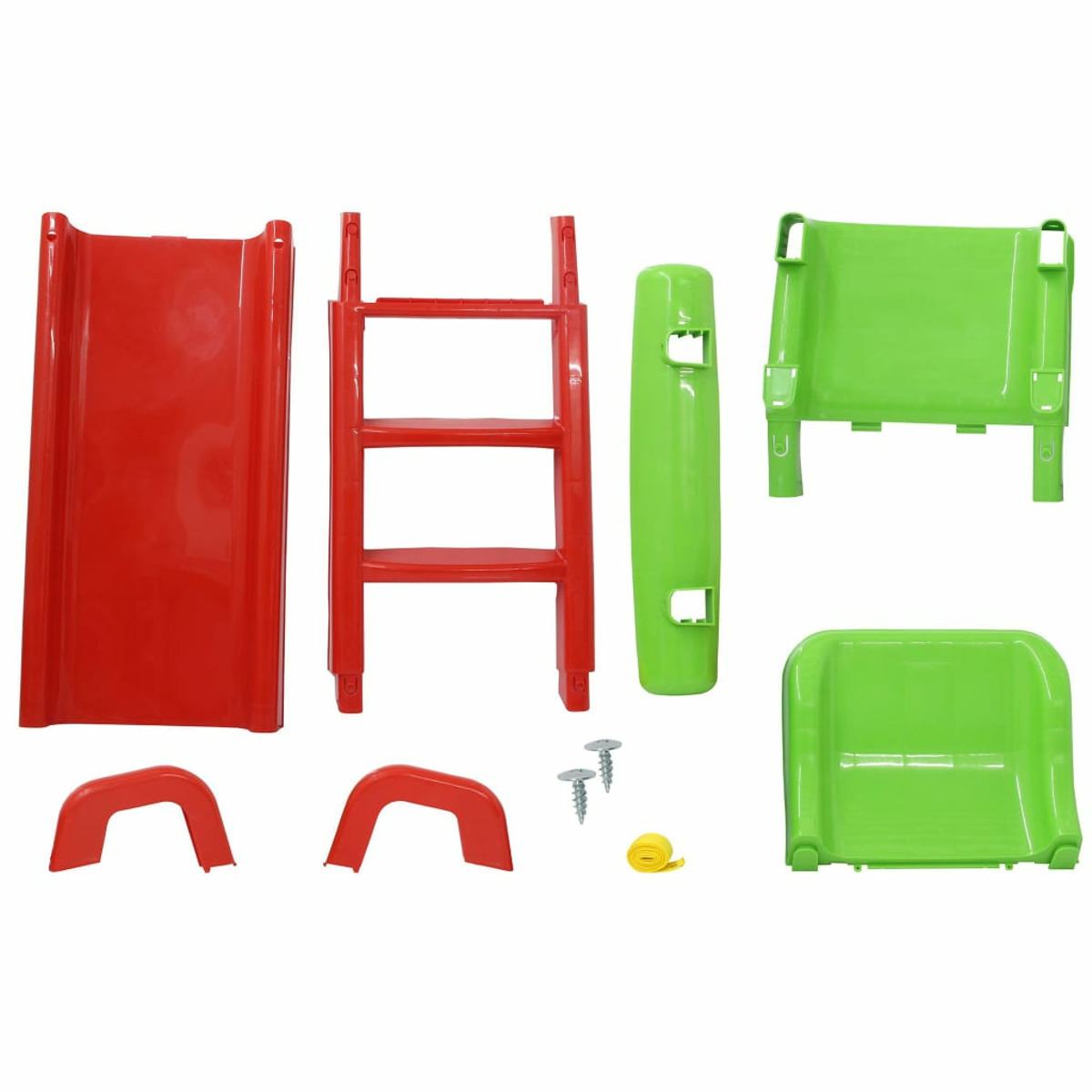 Ein Set aus roten und grünen Plastikspielzeugteilen, darunter eine Rutsche und eine Leiter.