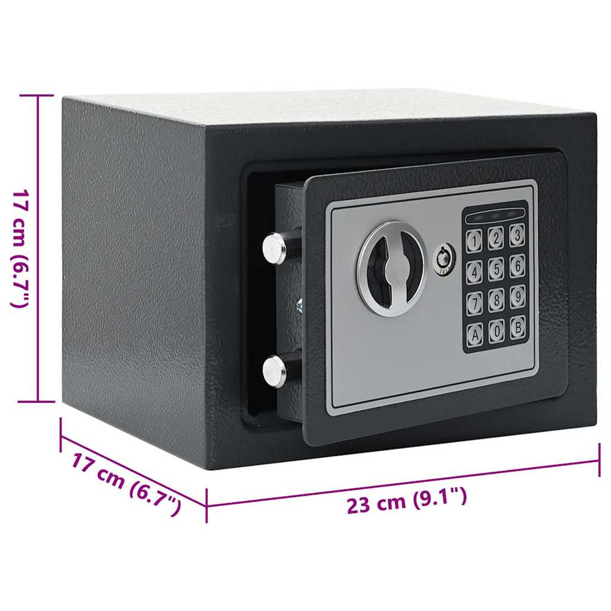 Ein grauer Safe mit offener Tür, die eine Tastatur und andere Details zeigt, mit Abmessungen.