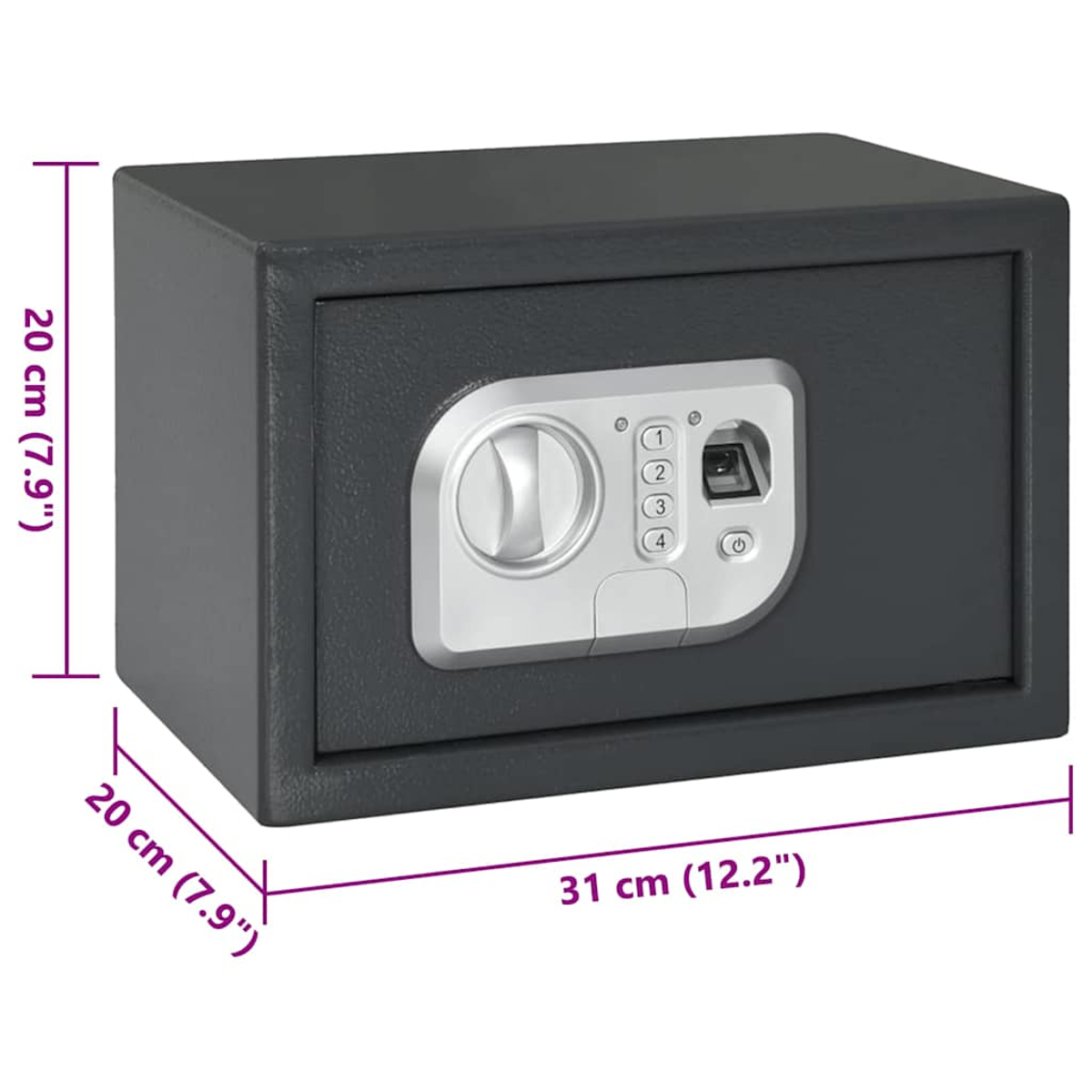 Ein schwarzer Safe mit digitalem Tastenfeld und Drehknopf. Er misst 20x20x31 cm. Abmessungen sind mit Beschriftungen angezeigt.