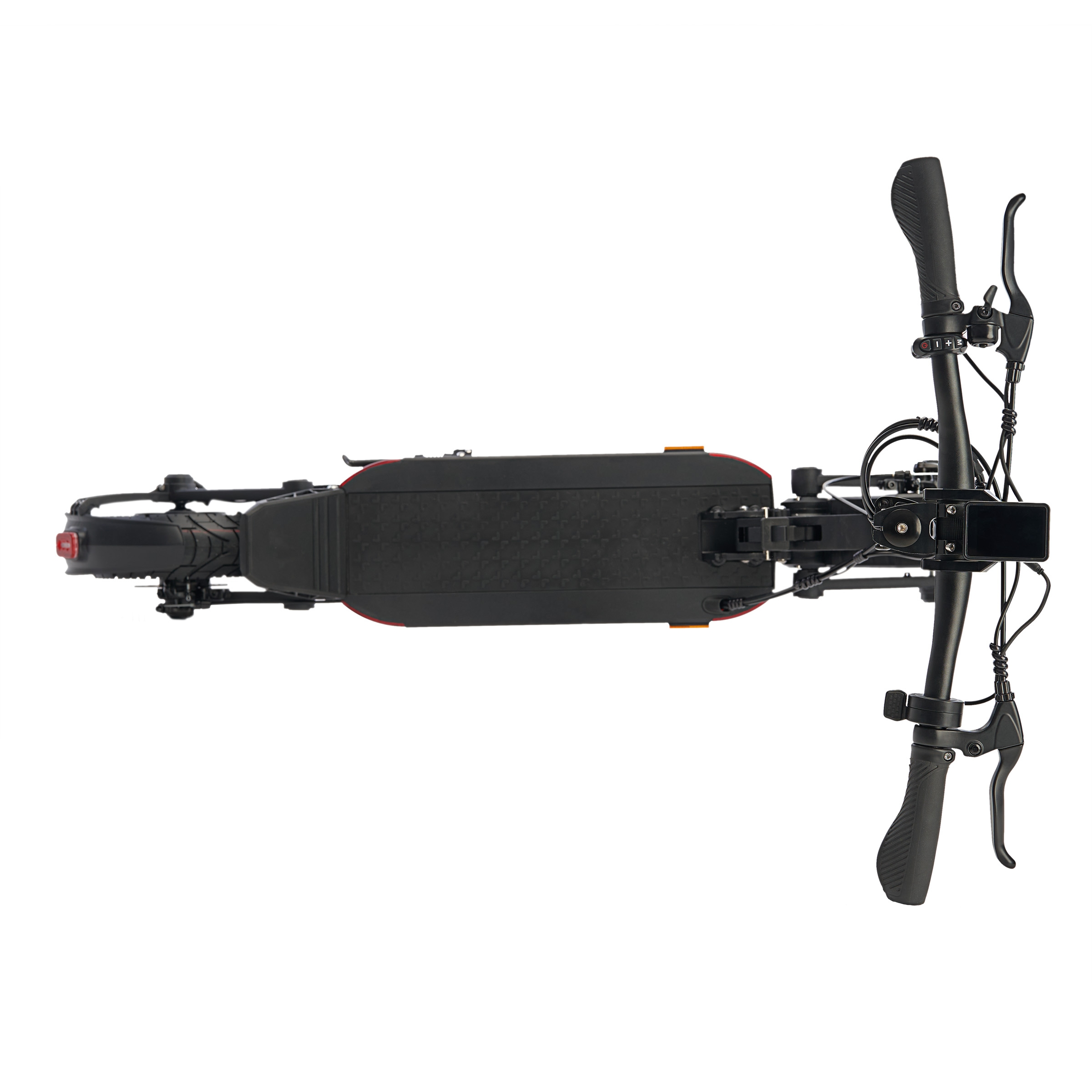 Widok z góry na czarny skuter, na białym tle, prezentujący jego design i cechy.