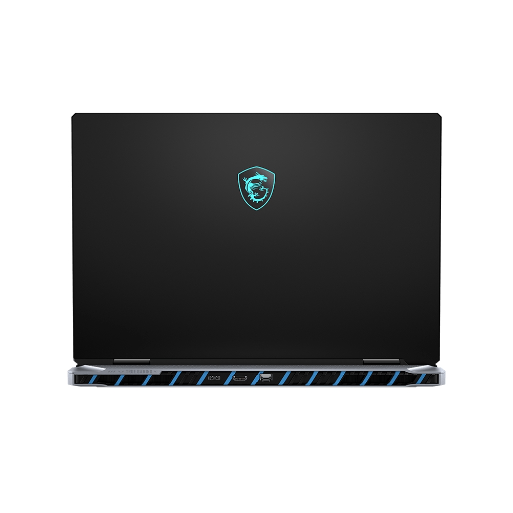 Un laptop nero con logo luminoso sul retro, su una superficie bianca, vista posteriore.