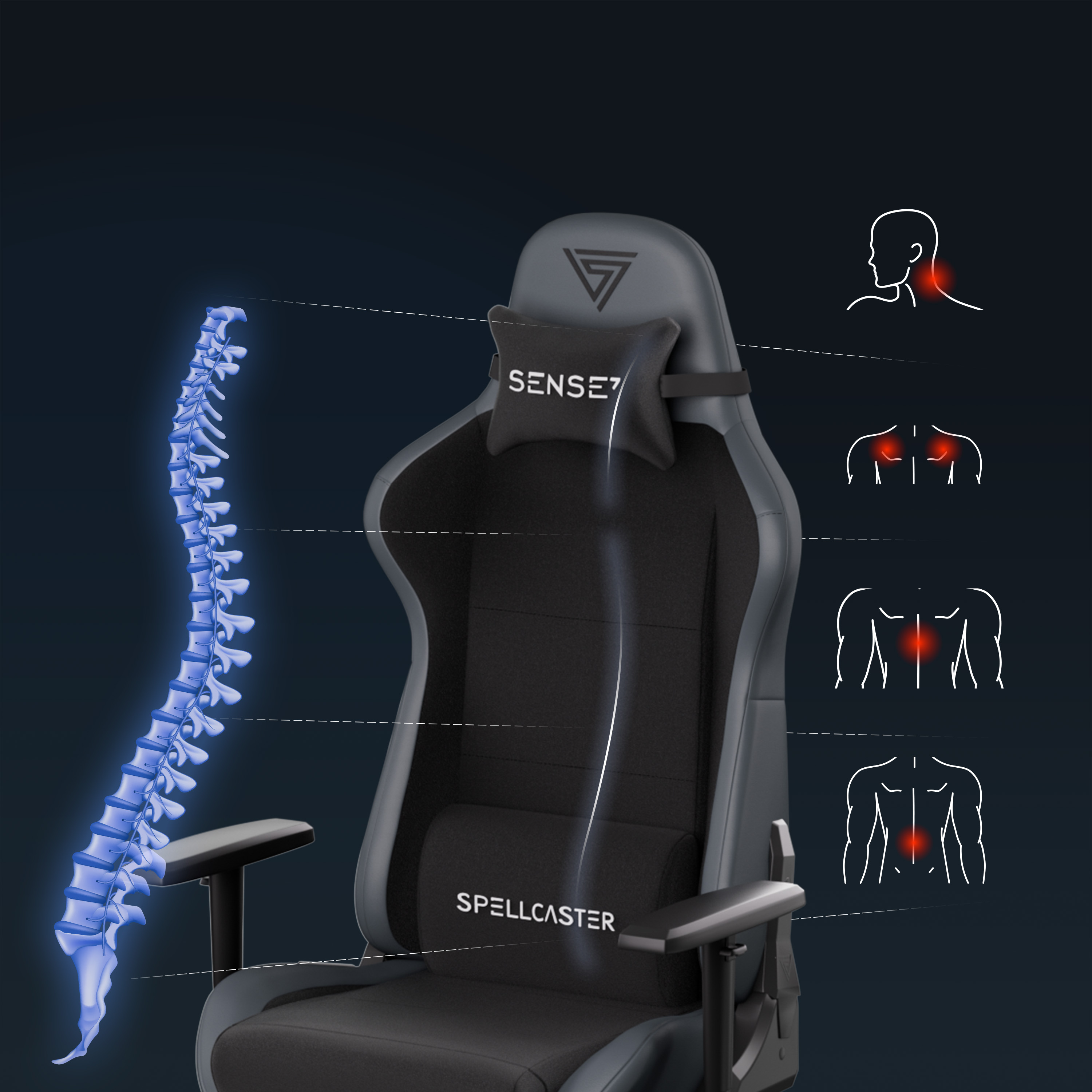 Een gamingstoel met een blauwe ruggengraat illustratie, die ergonomische kenmerken benadrukt.