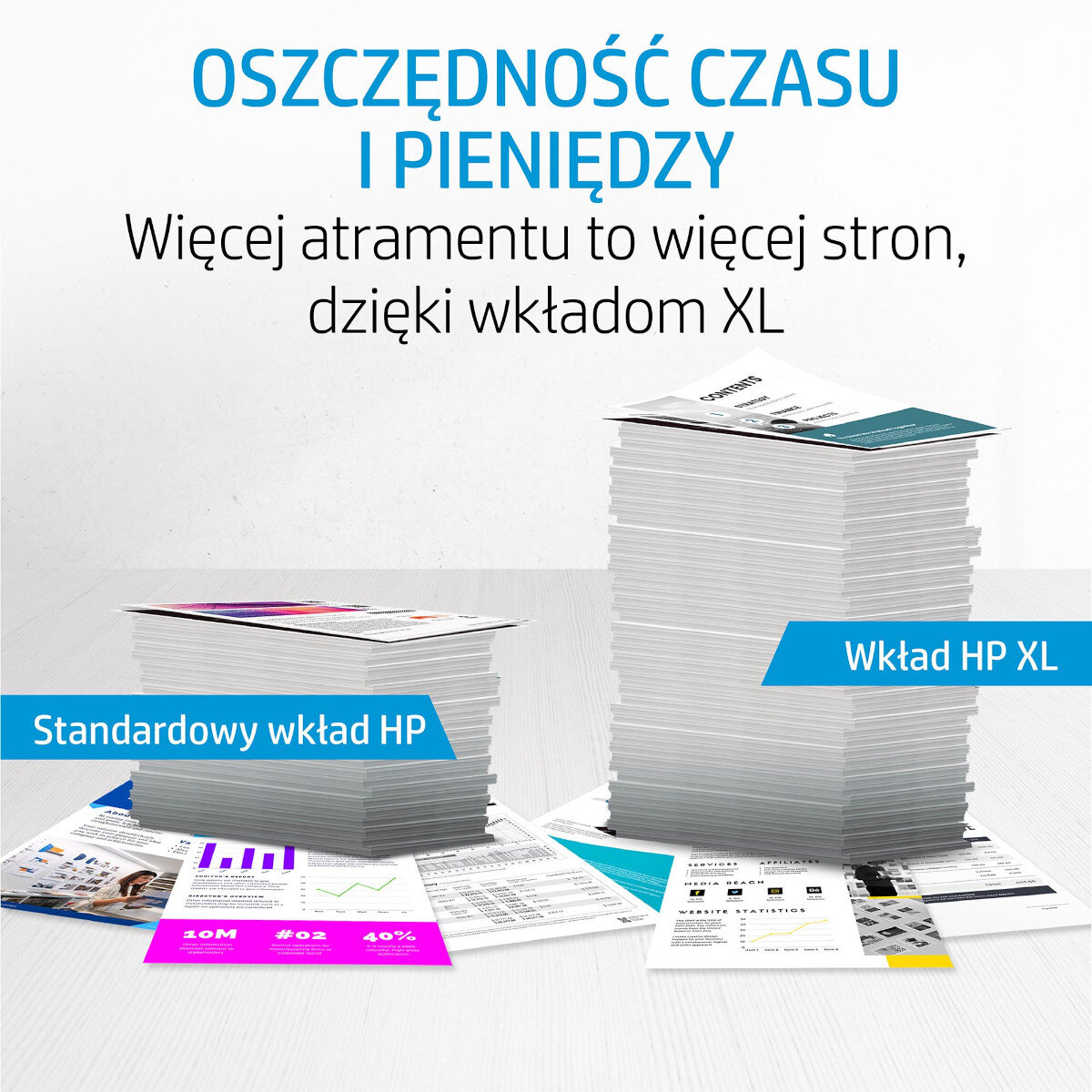 Dwa stosy papieru. Wkład atramentowy XL zapewnia więcej stron niż standardowy wkład HP.