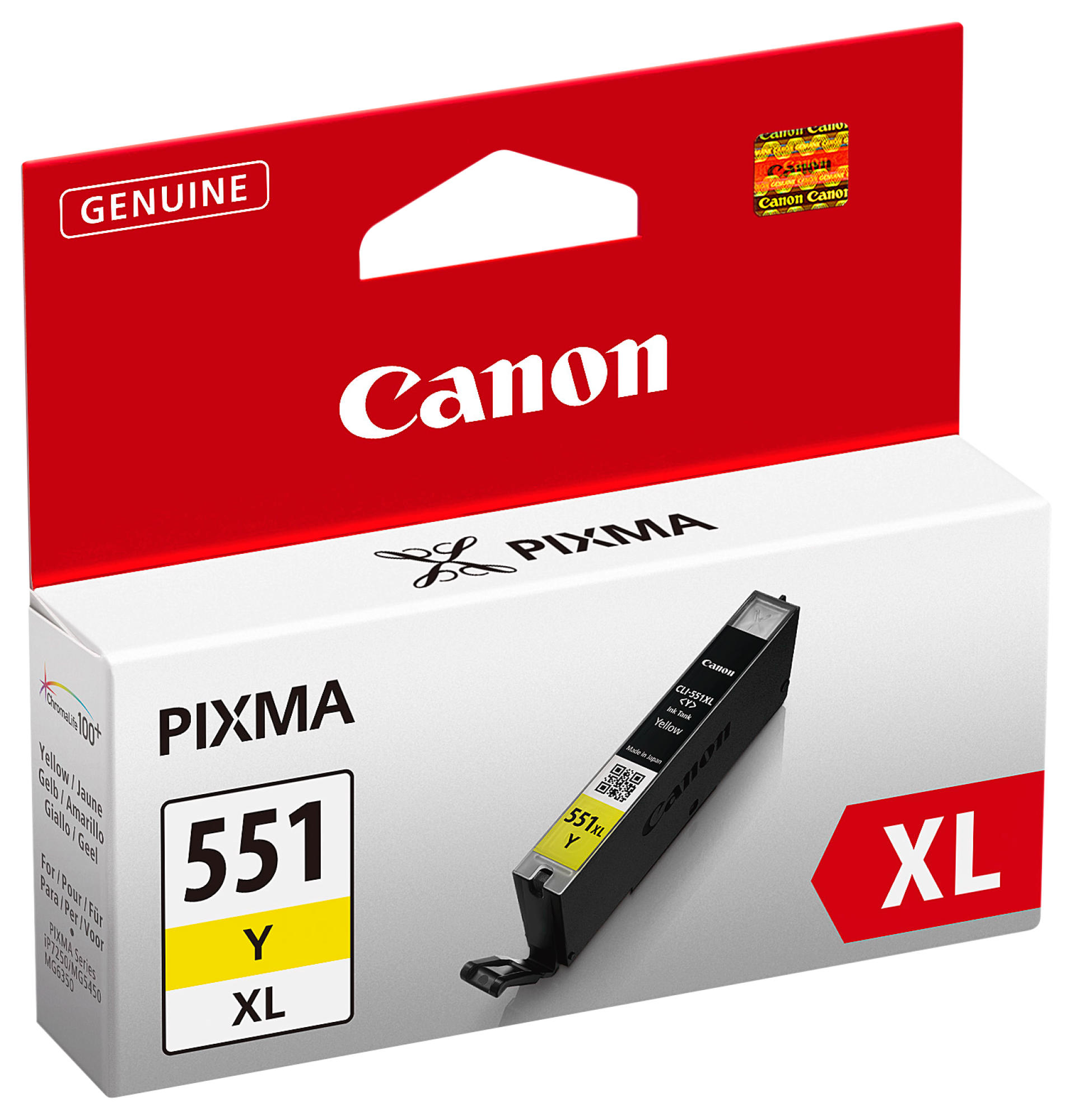 Canon Pixma 551Y XL cartridge. Gele inkt. De verpakking heeft een rode bovenkant en een witte onderkant.