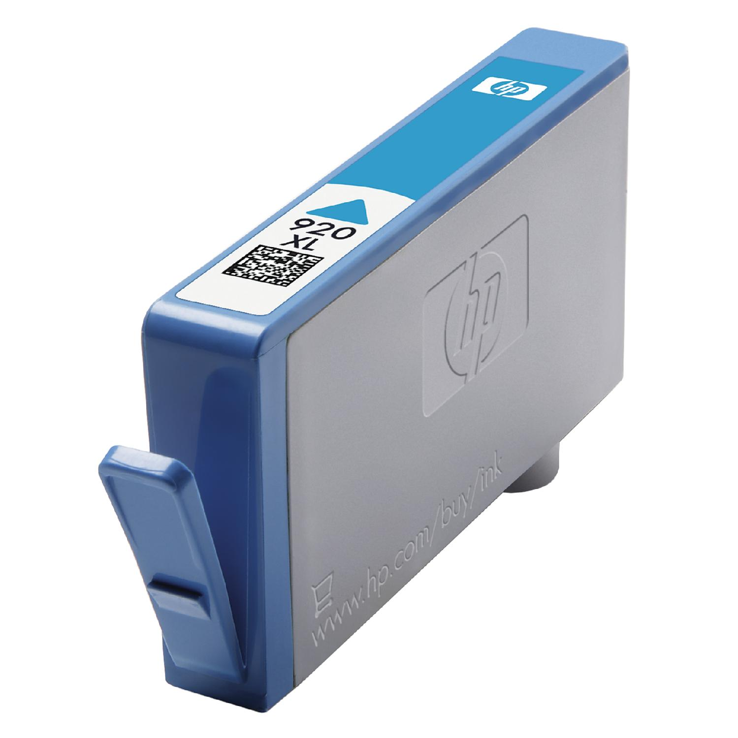 Una cartuccia d'inchiostro HP 920 XL. È di colore blu e grigio. La linguetta di apertura è blu.