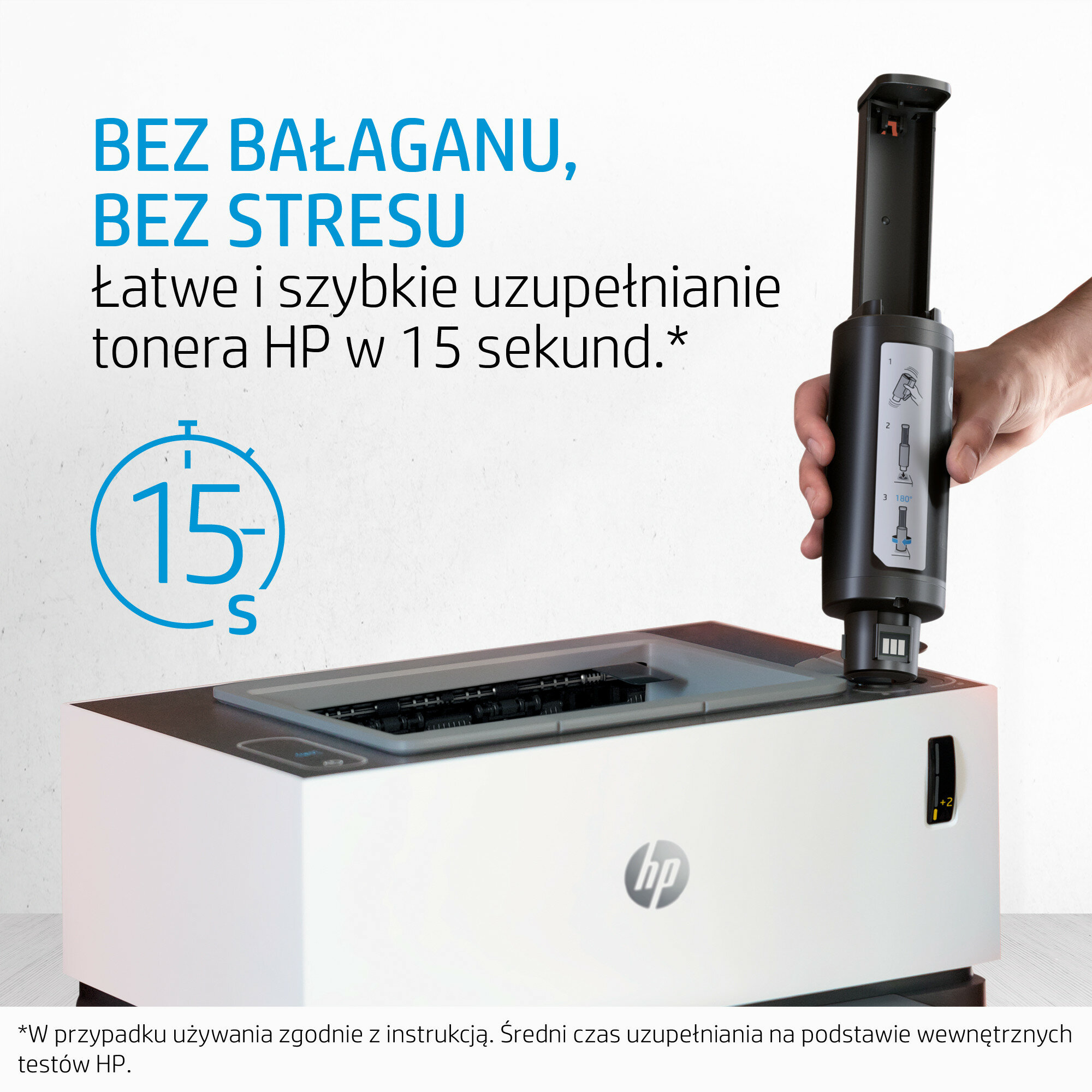 Een persoon plaatst een inktcartridge in een printer. Blauwe tekst zegt '15-S' met een timer-pictogram.