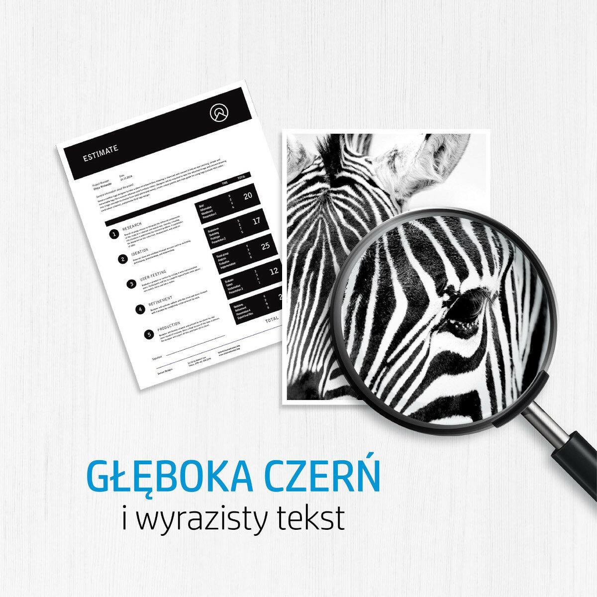 Een zebra-oog onder een vergrootglas. Een document met tekst en een grafiek staat links.