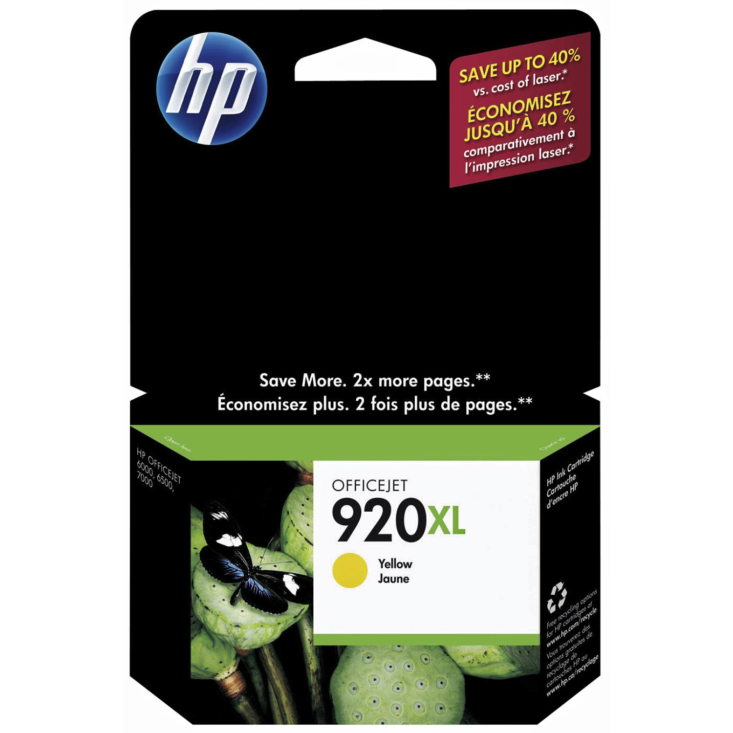 Żółty wkład atramentowy HP OfficeJet 920XL, z opakowaniem. Kolory czarny i żółty.