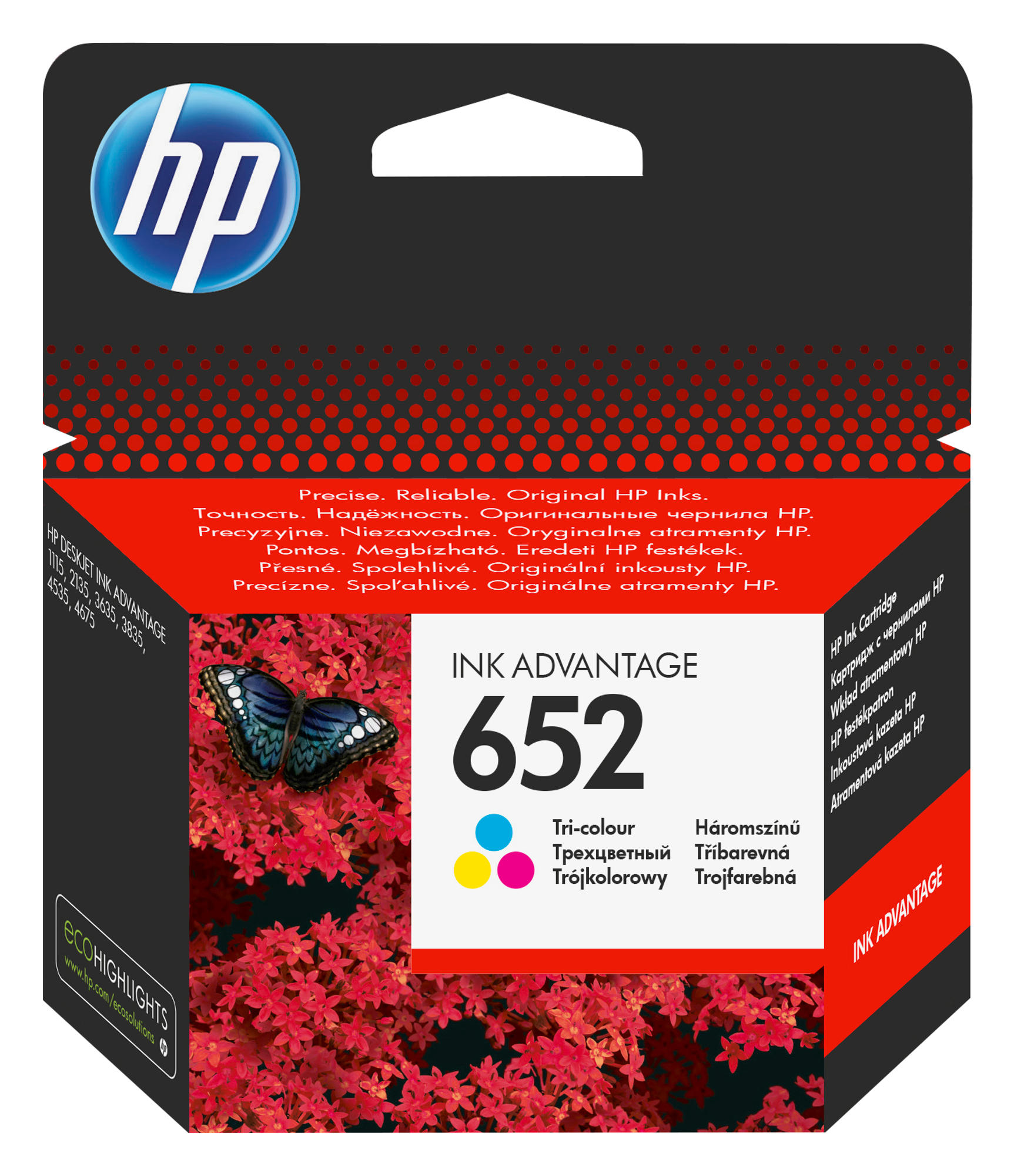 Eine HP Ink Advantage 652 Tri-Color Tintenpatrone. Rote Verpackung mit Schmetterlingsbild.