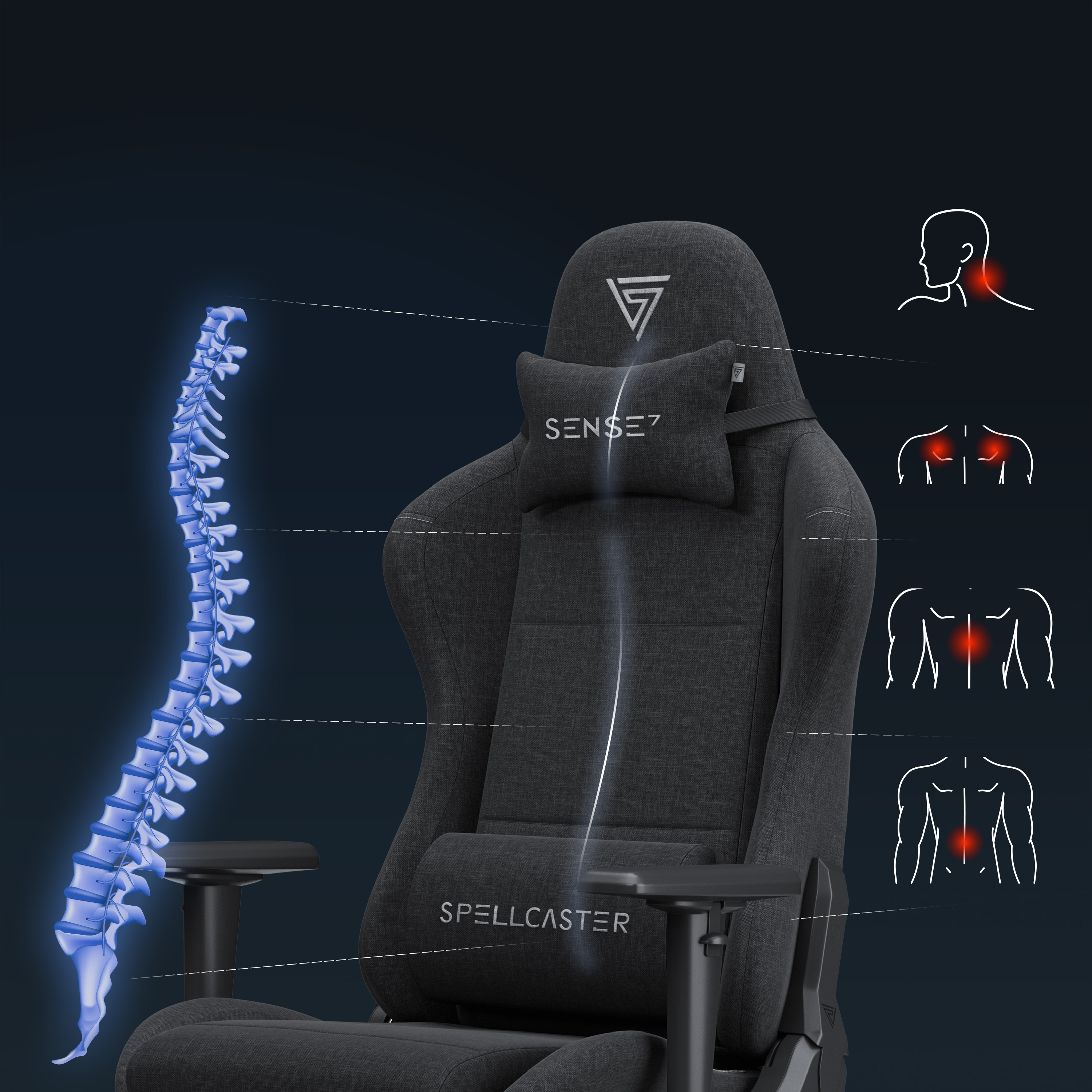 Gaming stoel met ruggengraat en lichaamspijn diagrammen. Stoel is zwart en grijs, met 'SENSE7'.