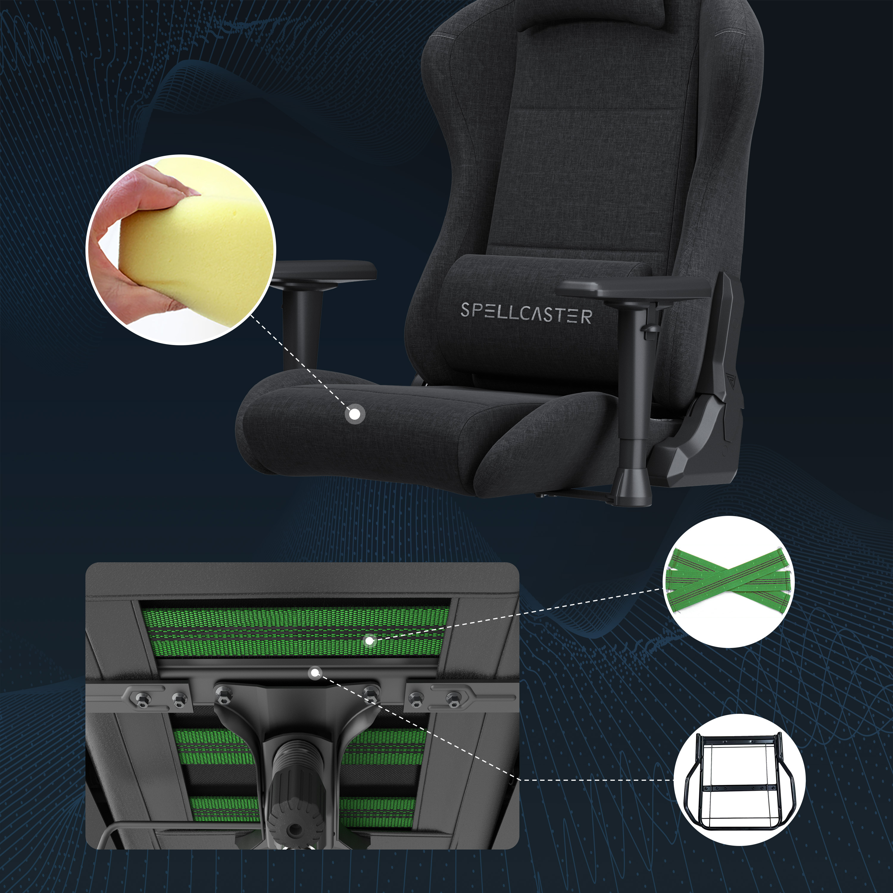 Een gaming stoel met grijze bekleding, met details van het kussenschuim, de ventilatie en de structuur.