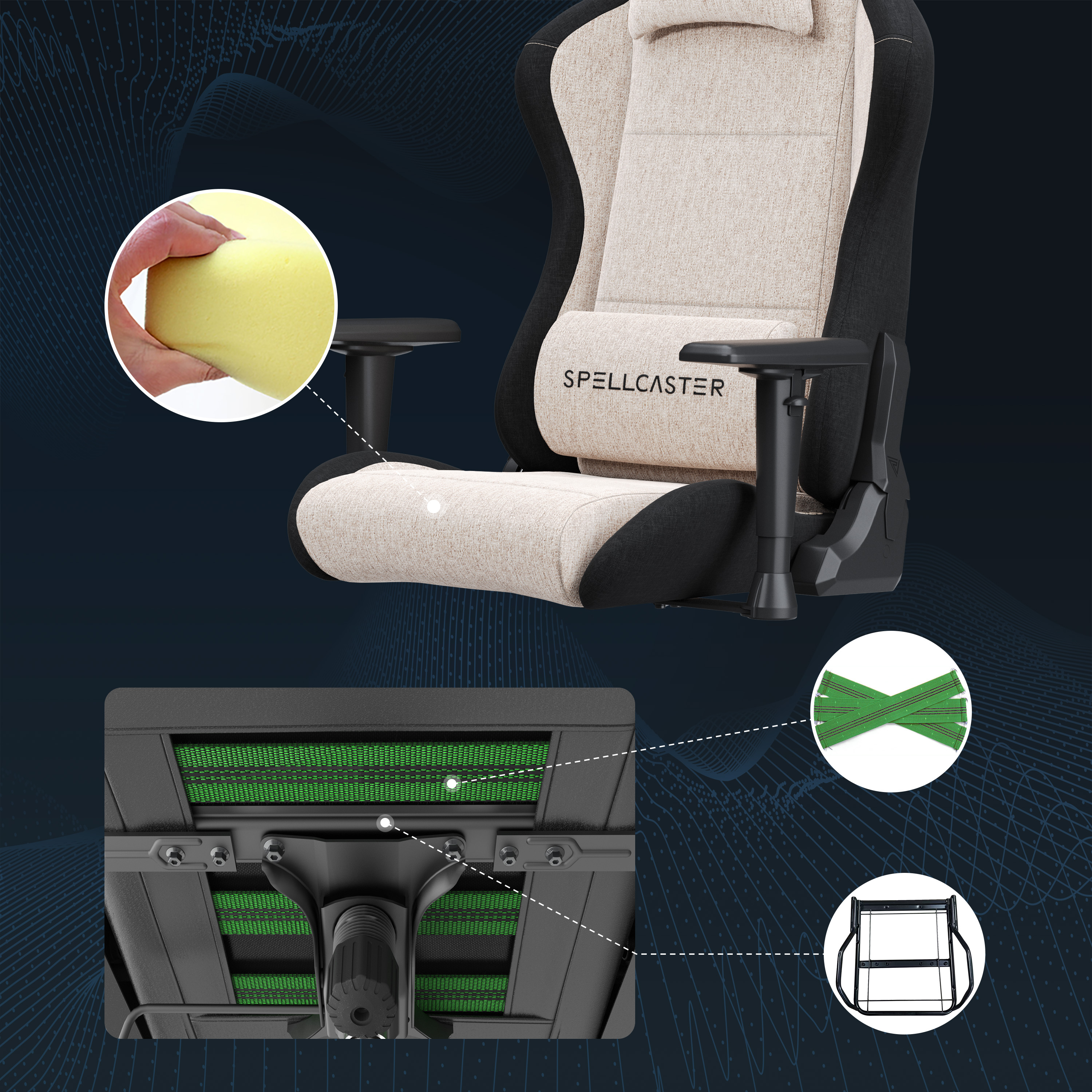 Een gaming stoel met beige bekleding, met details van het kussenschuim, de ventilatie en de structuur.