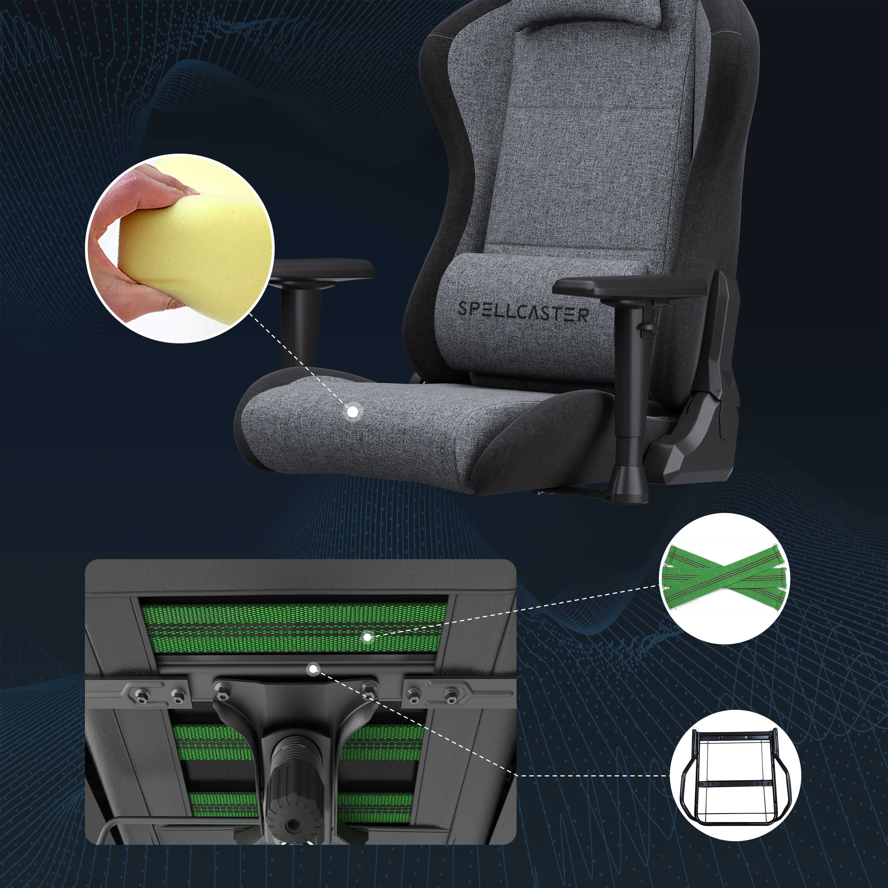 Een gaming stoel met grijze bekleding, met details van het kussenschuim, de ventilatie en de structuur.
