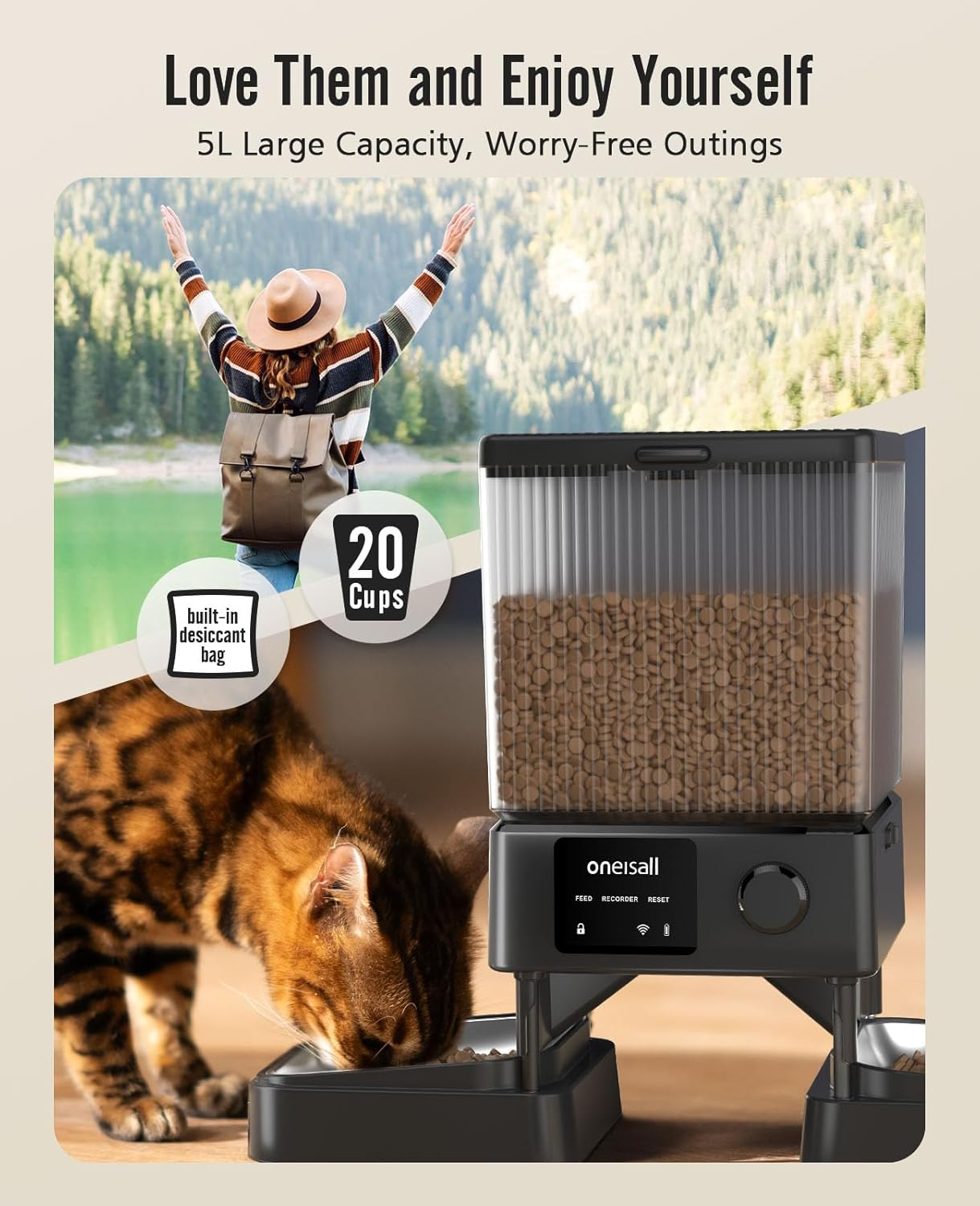 Eine Katze frisst aus einem intelligenten Haustierfutterautomaten. Eine Frau mit Hut schaut auf einen See.