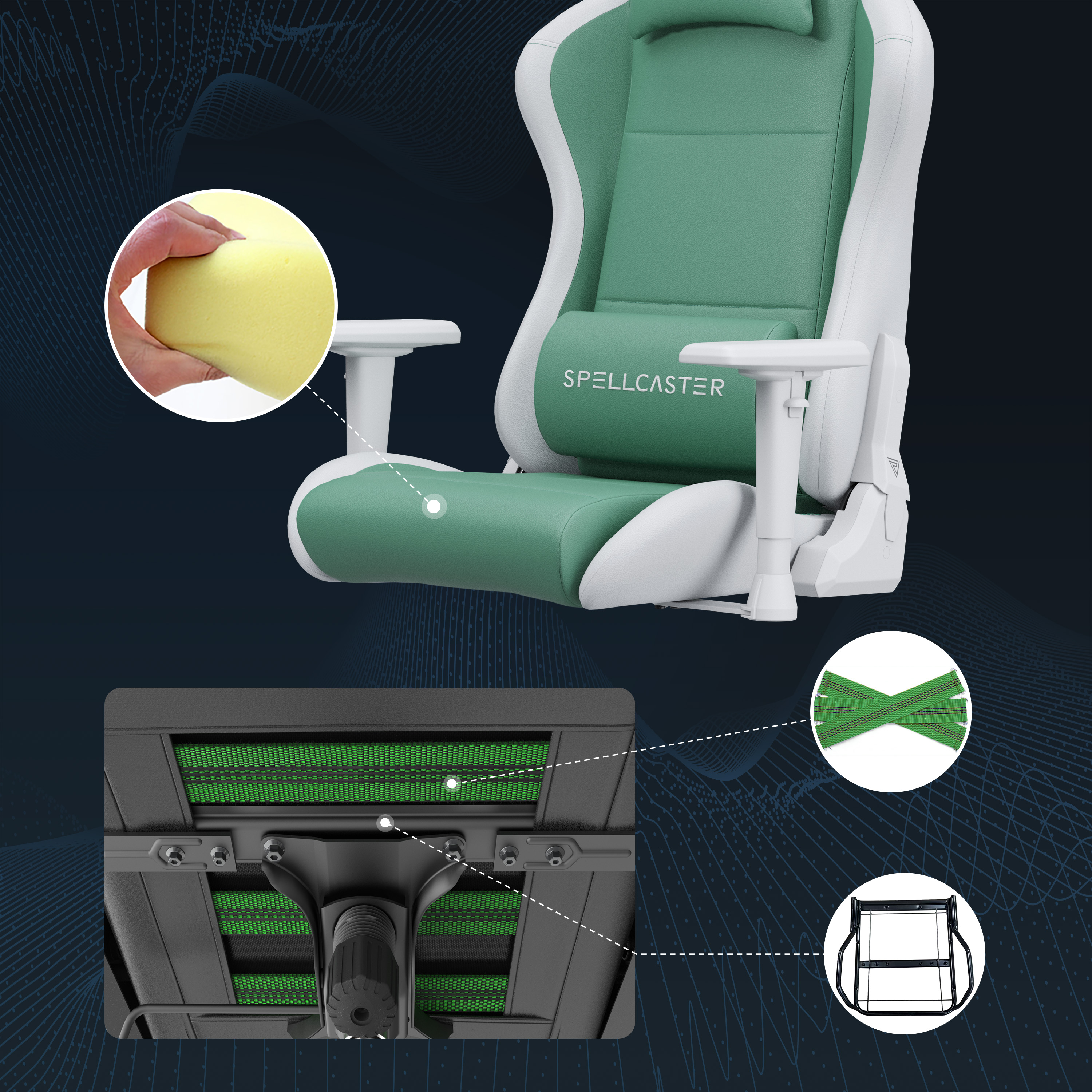 Een gaming stoel met groene bekleding, met details van het kussenschuim, de ventilatie en de structuur.