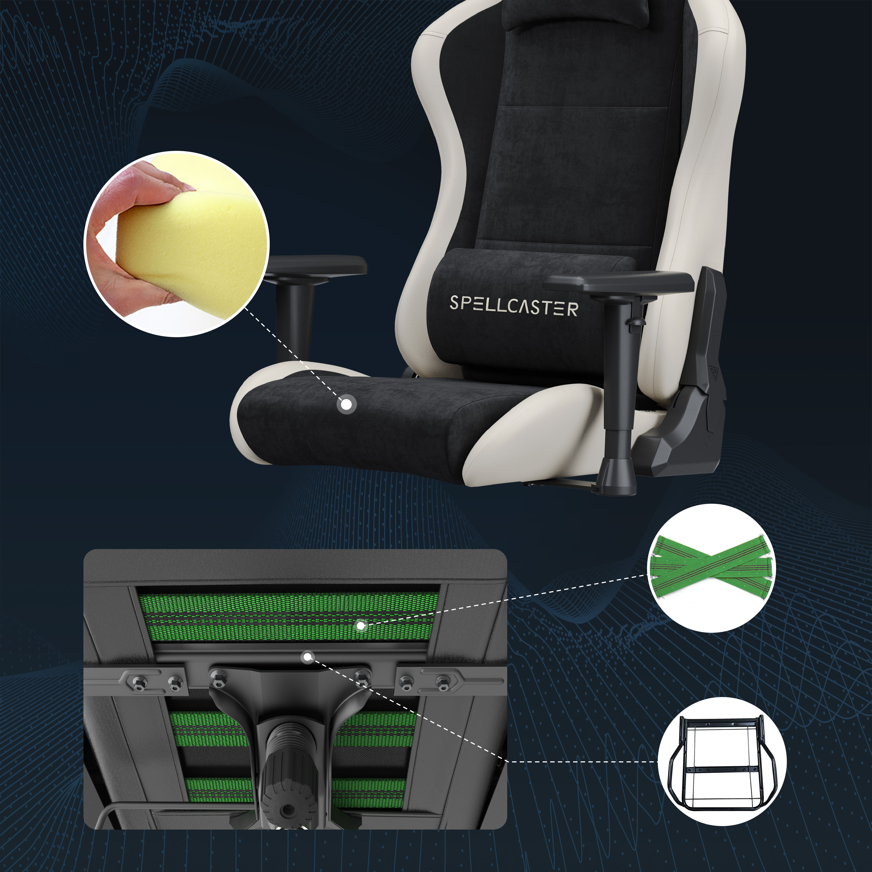 Gamingstoel met doorsnede, die de materialen toont. Toont ook een schuimmonster, groene banden en het frame.