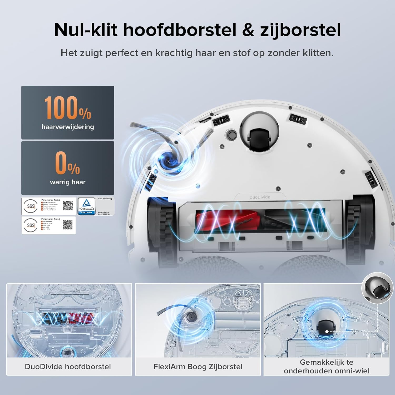 Robotstofzuiger met een tekstoverlay en close-ups van reinigingscomponenten.