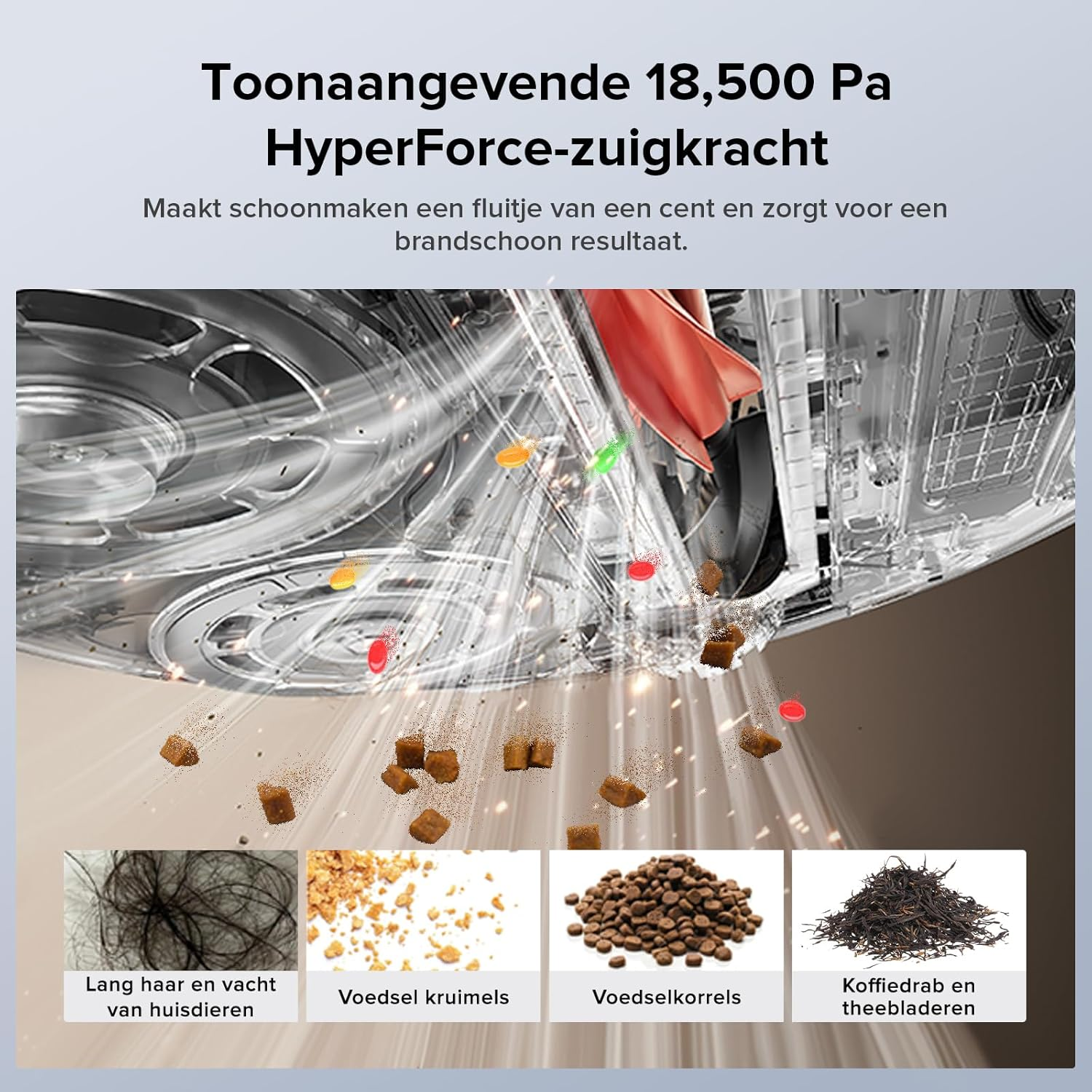 Detail van de stofzuiger met tekst en afbeeldingen die soorten vuil tonen: haar, kruimels, dierenvoeding en theebladeren.