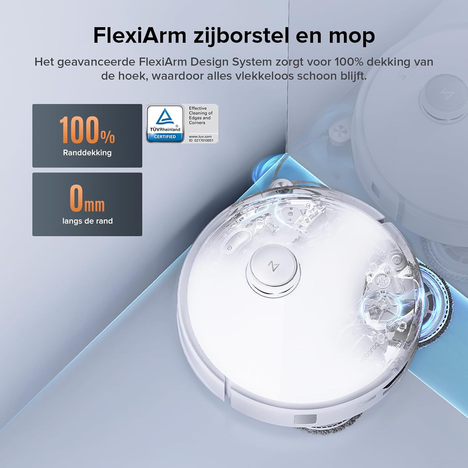 Witte robotstofzuiger met blauwe accenten, tekst en logo's op witte achtergrond.