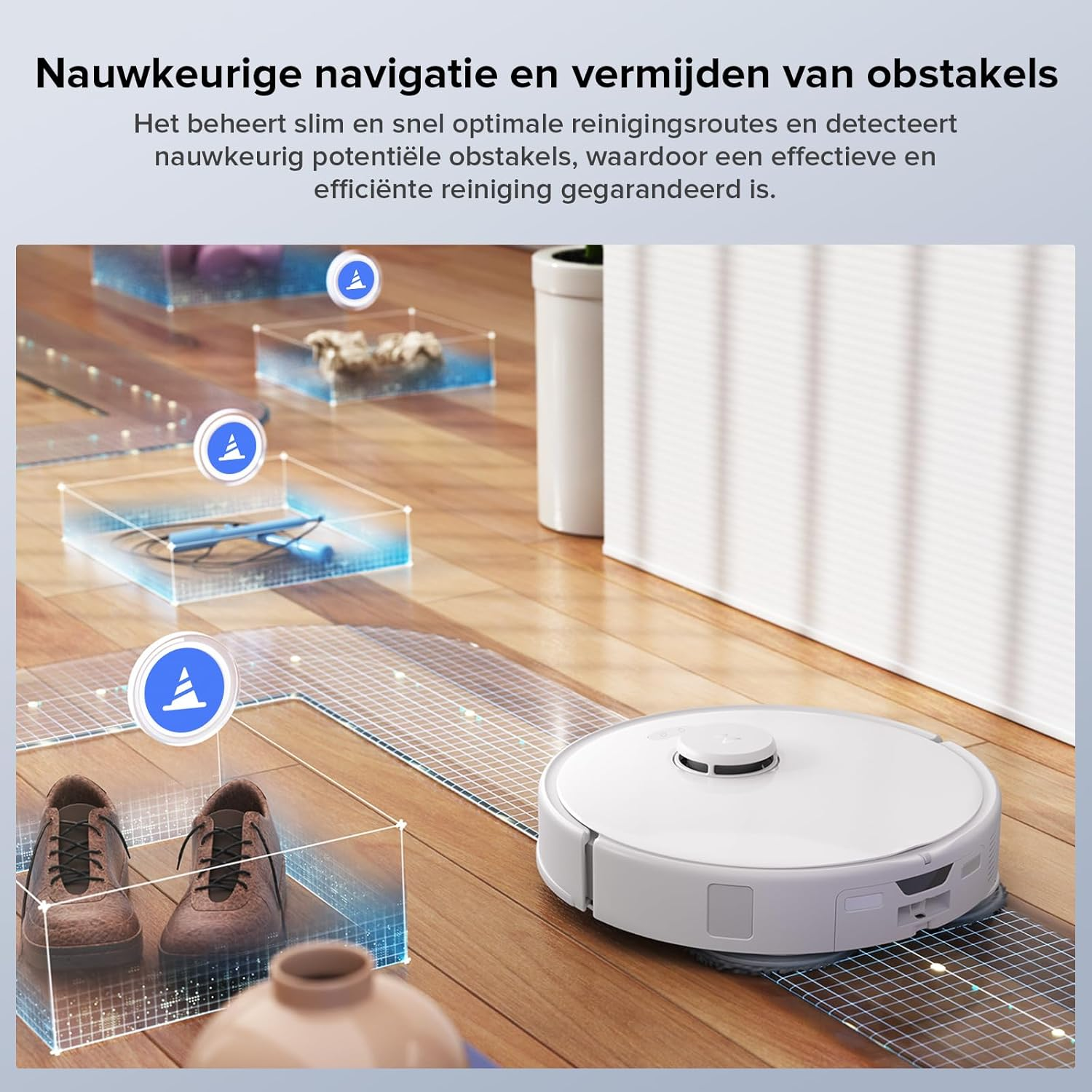 Robotstofzuiger navigeert in een kamer, obstakels vermijdend, met tekstoverlays.