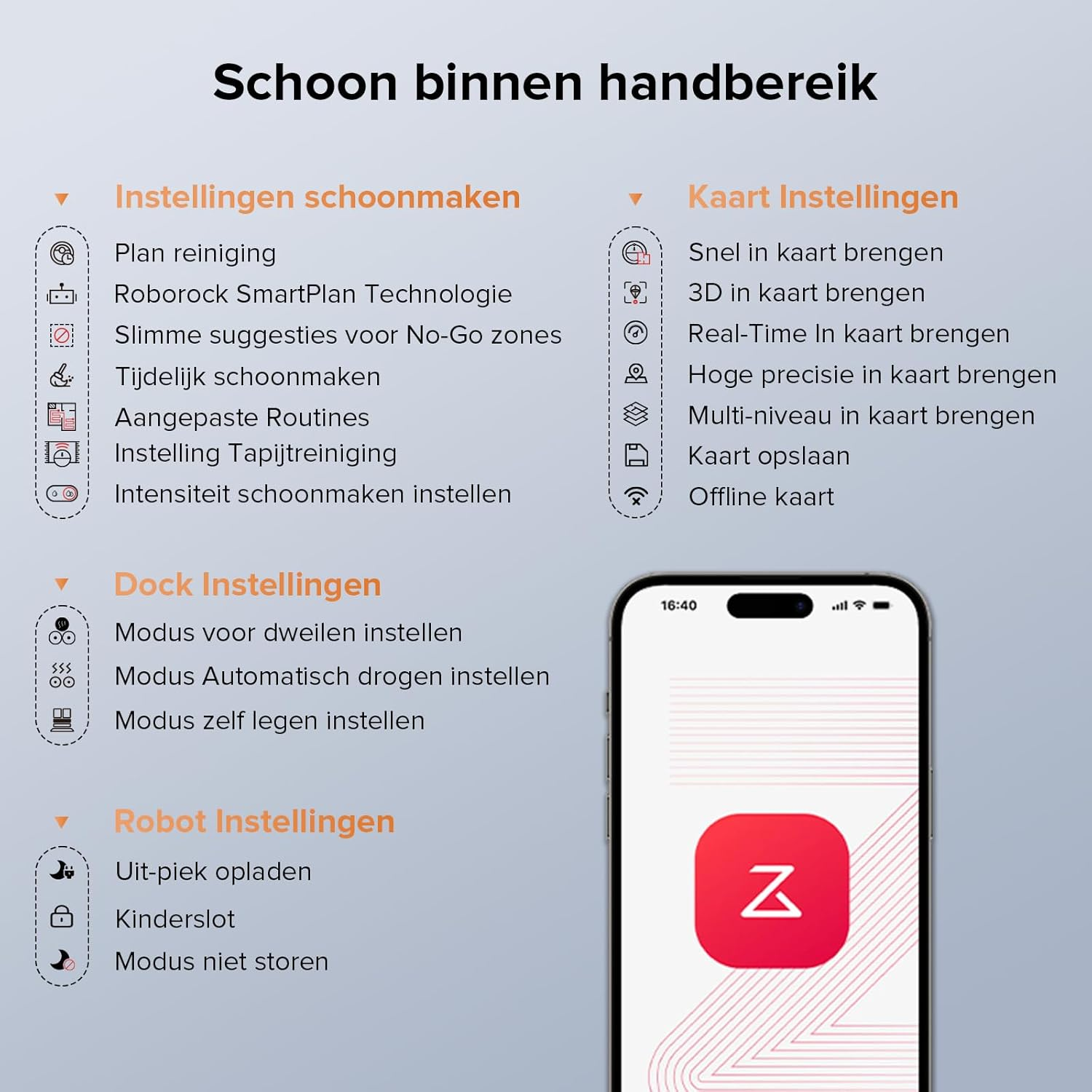 Smartphone met een rood logo op het scherm, omringd door reinigingsinstellingen.