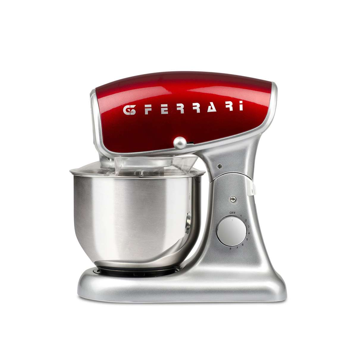 Un mixer con supporto rosso e argento. Il marchio G. Ferrari è in bianco sulla parte superiore rossa.