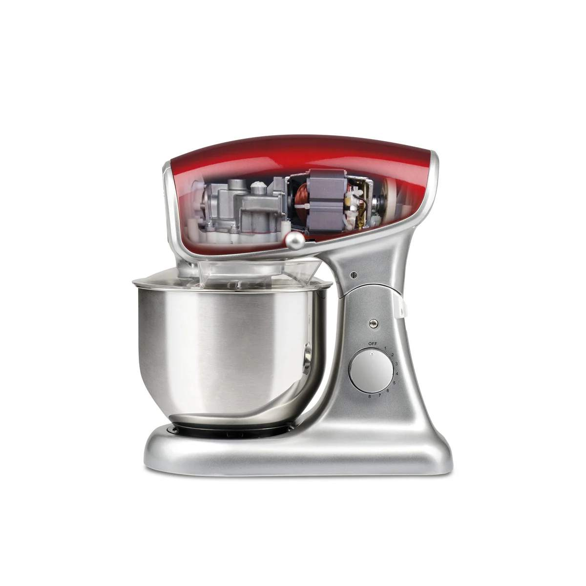 Robot da cucina con sezione superiore rossa trasparente, che mostra le parti interne.