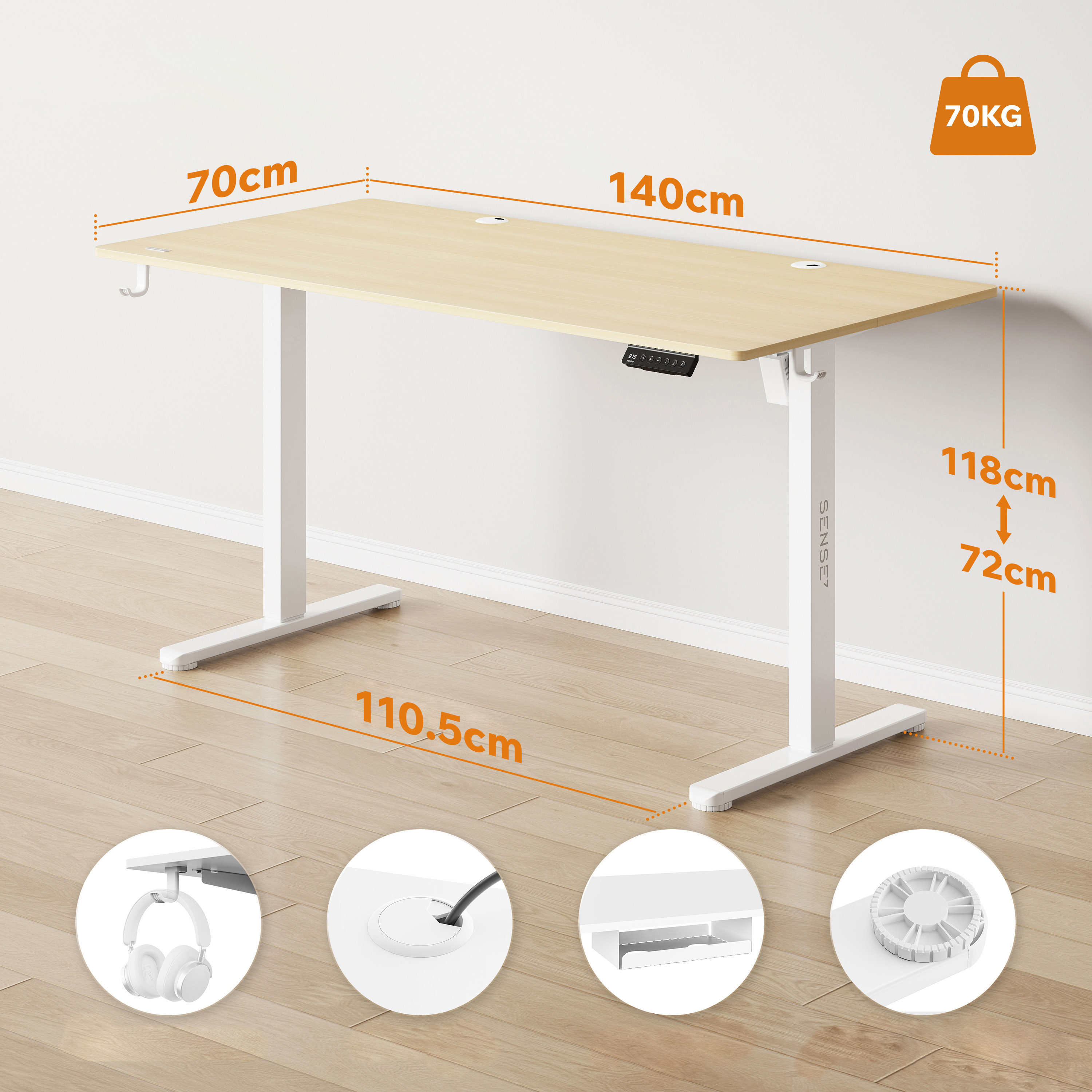 Ein hell holzfarbener Schreibtisch mit weißen Beinen. Abmessungen sind beschriftet. Es gibt 4 Produktdetails.