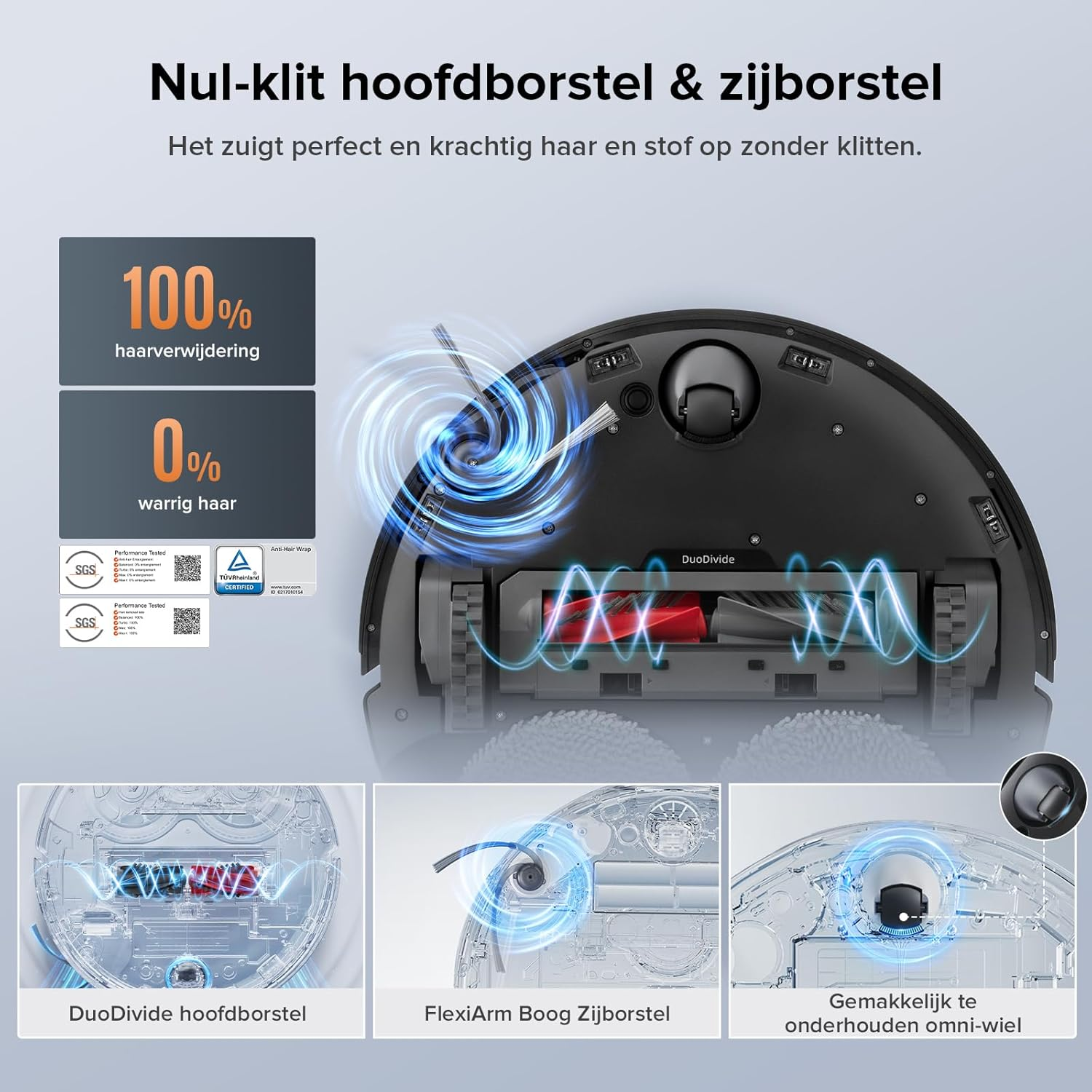 Robotstofzuiger met blauwe lichtsporen, toont functies zoals 100% haarverwijdering en DuoDivide borstelsysteem.