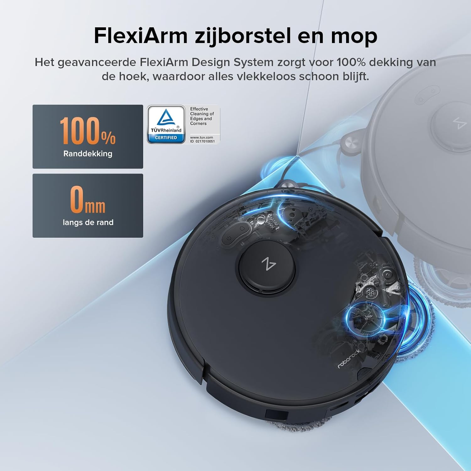 Een robotstofzuiger met tekst en logo's. Het toont de functies en certificeringen van de reiniger.