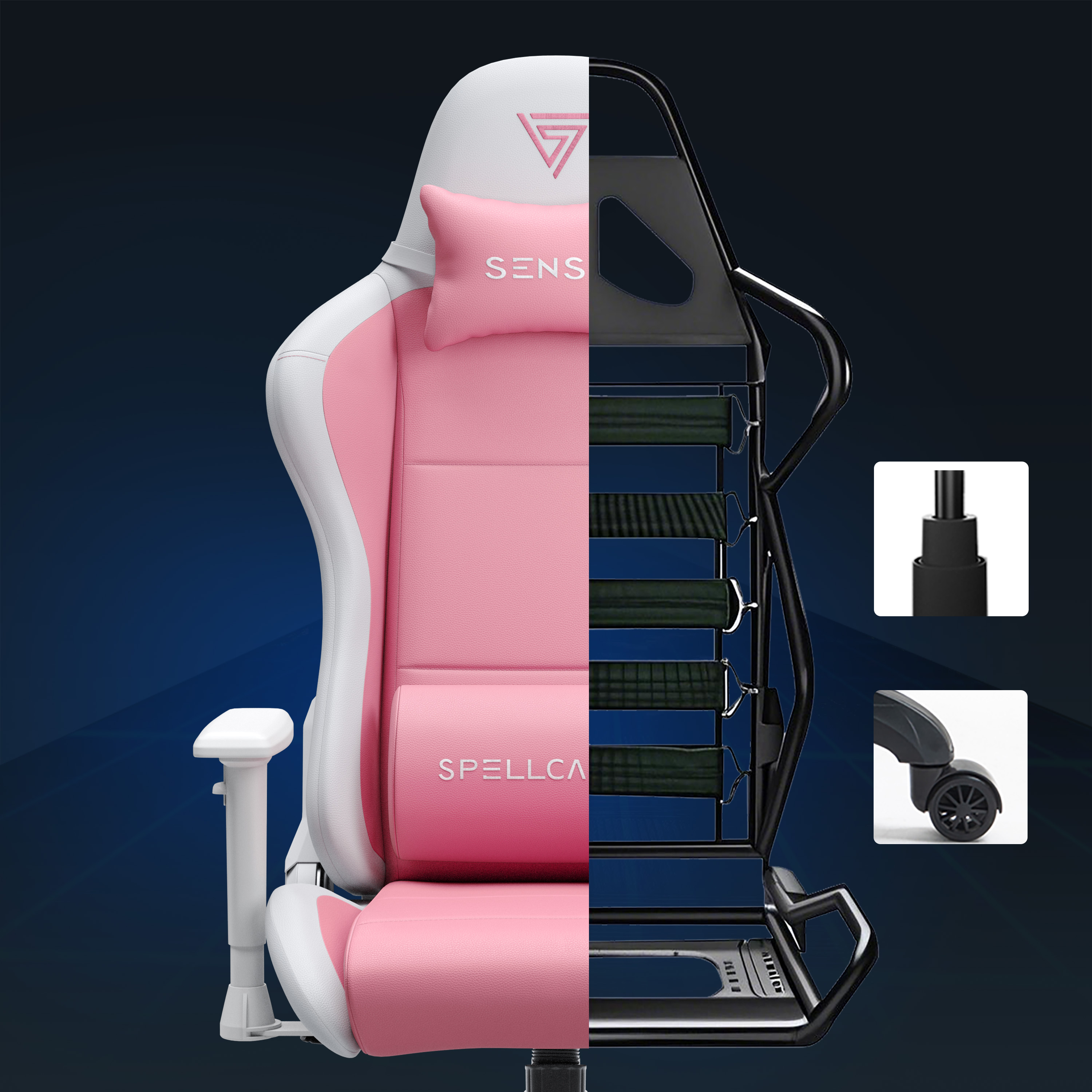 Gamingstoel met roze en witte secties, toont interne structuur en wiel details.