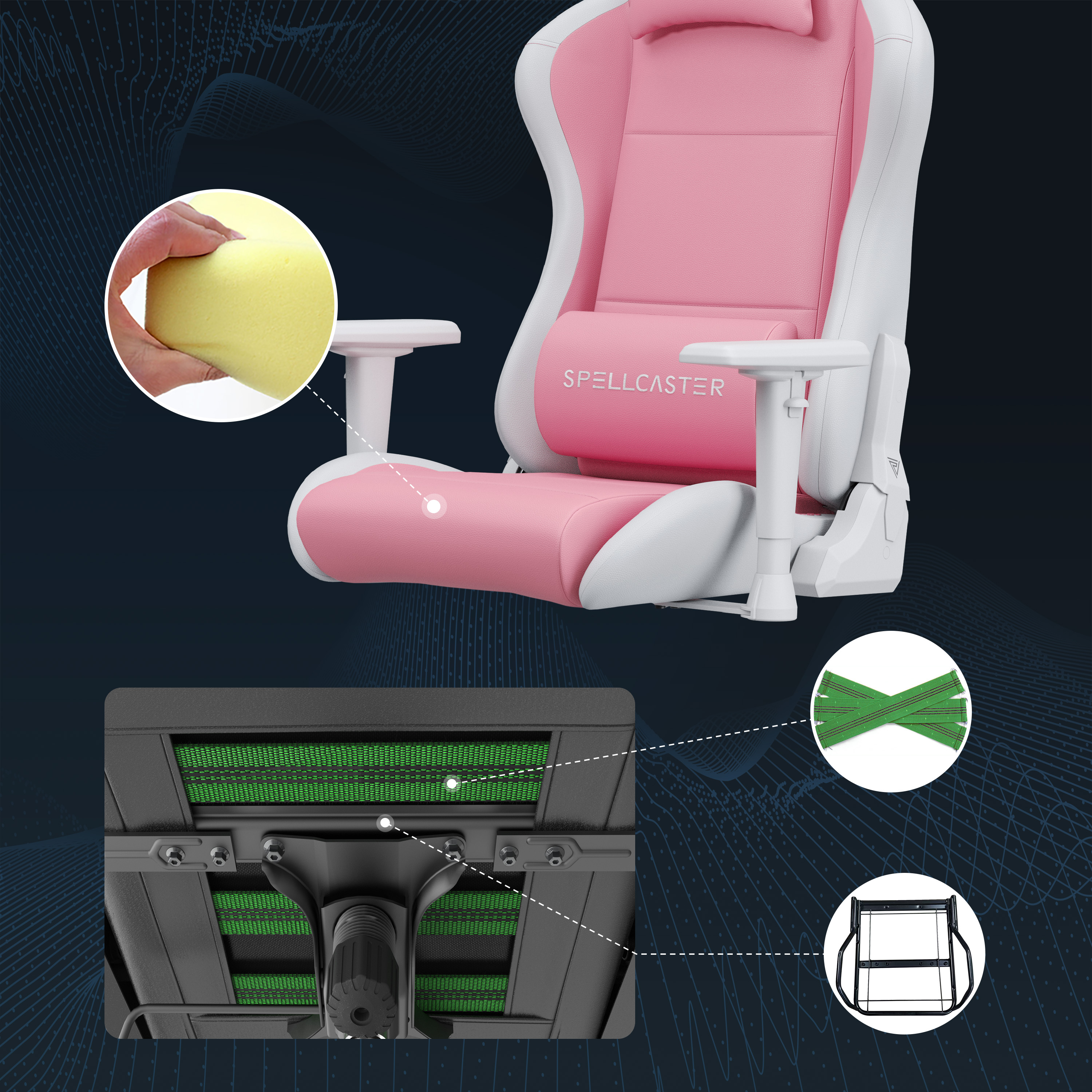 Roze en witte gamingstoel met details van het schuim en de onderconstructie.