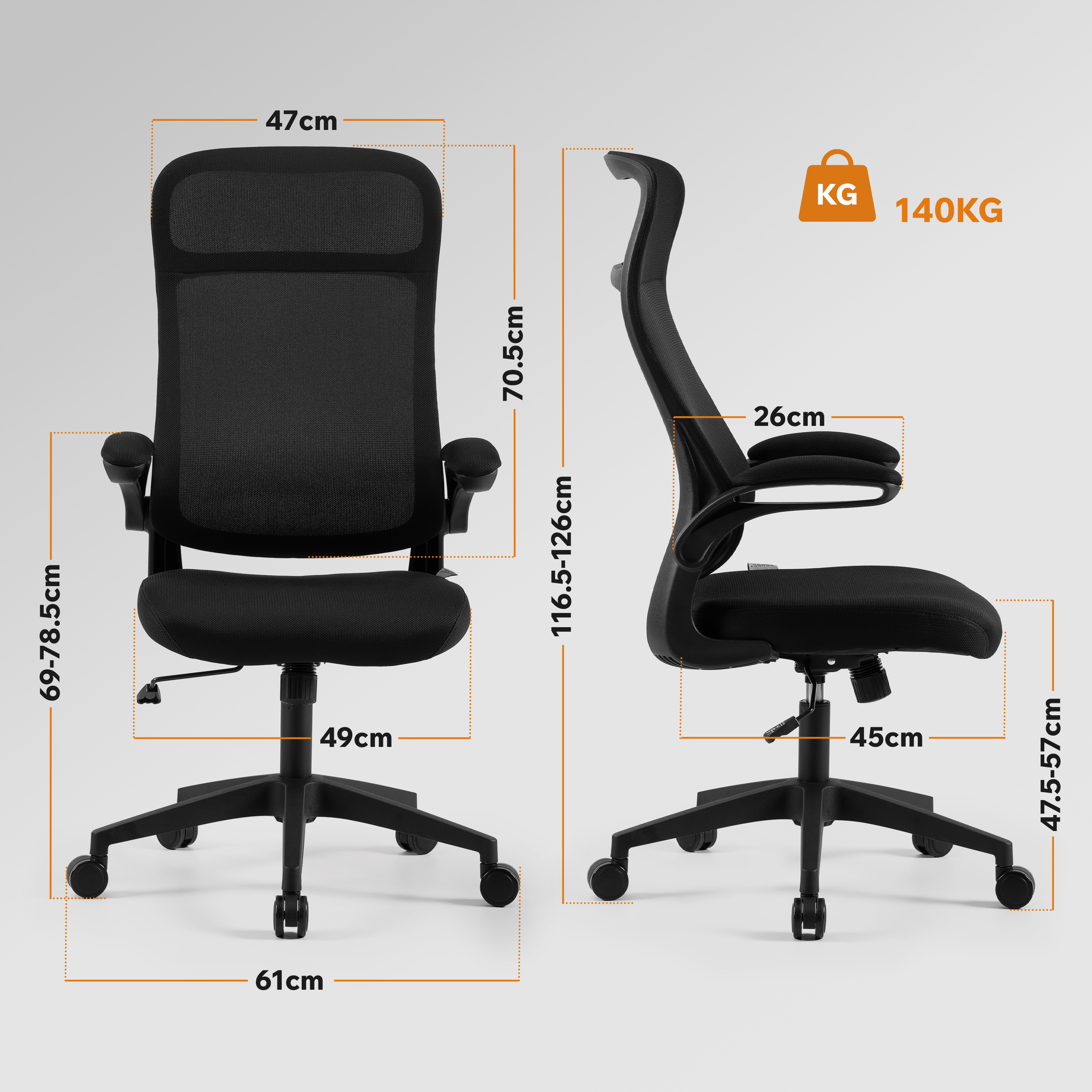 Diagramma di una sedia da ufficio nera. Dimensioni e un peso di 140 kg sono visualizzati. La sedia è mostrata da due angolazioni.