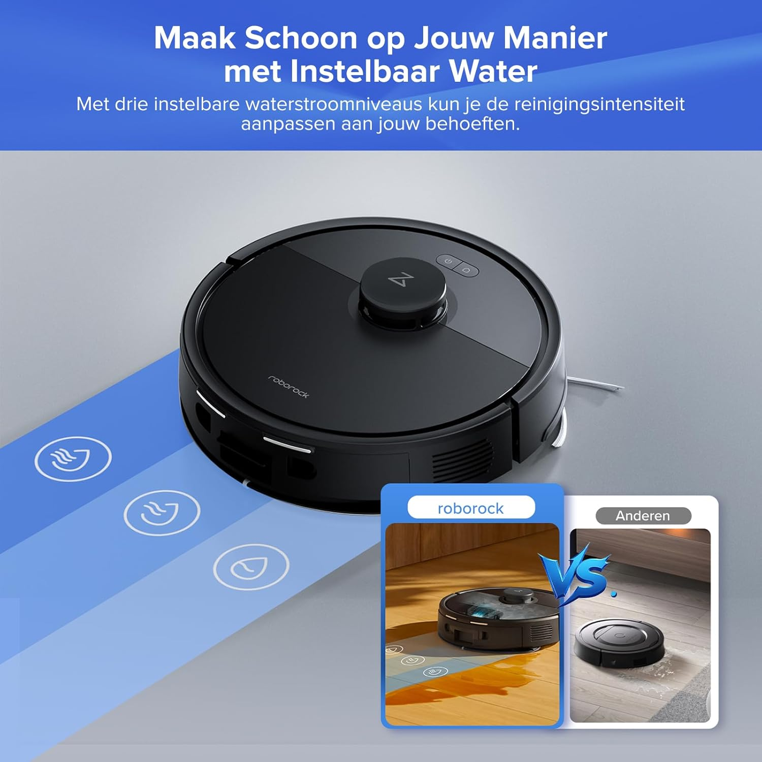 Zwarte robotstofzuiger. Biedt instelbare waterstroom. Vergelijking toont Roborock vs een andere stofzuiger.