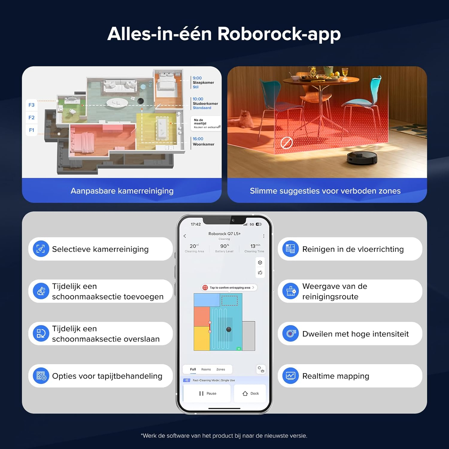 Een app-interface met een plattegrond, schoonmaak suggesties en verschillende schoonmaakopties voor een robotstofzuiger.
